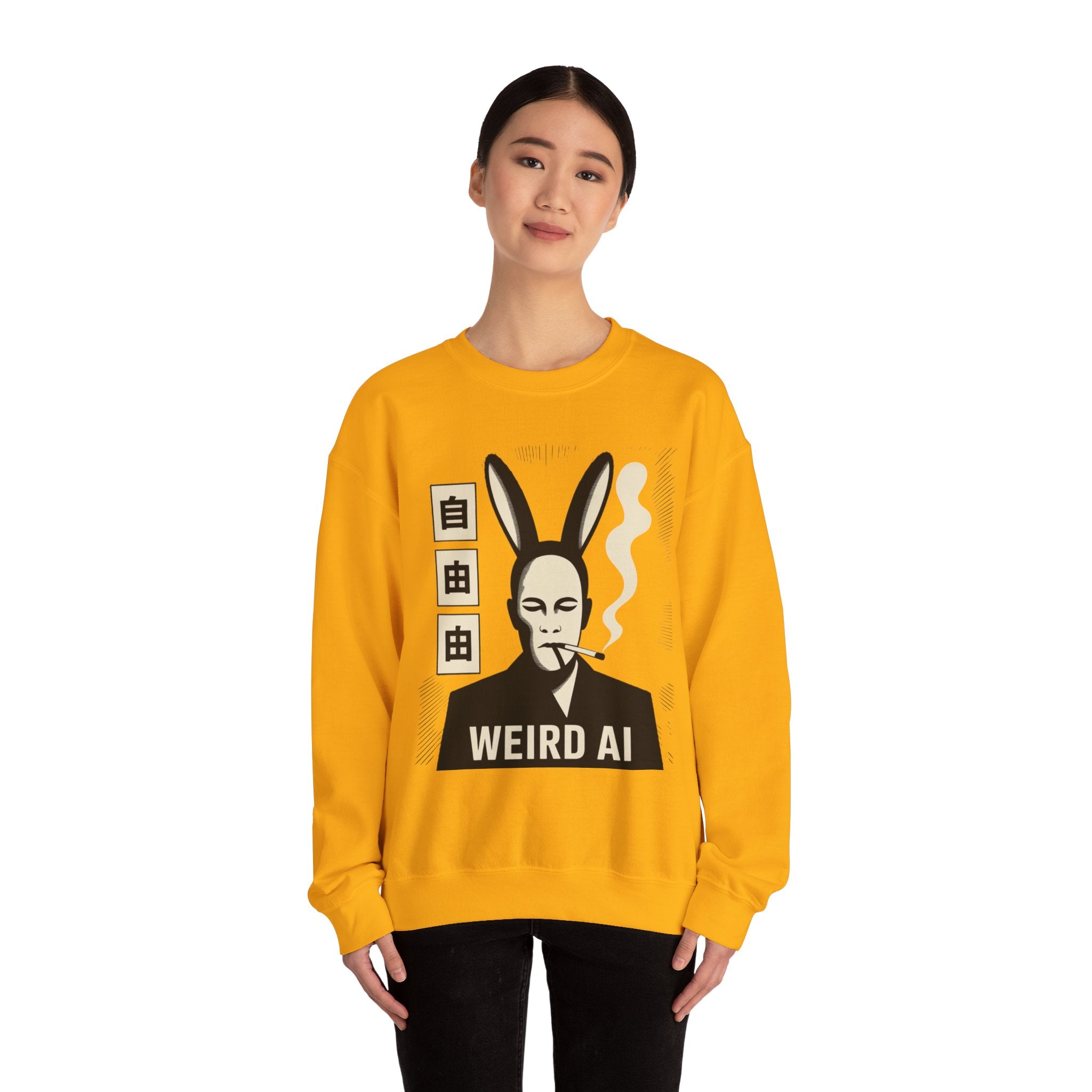Weird AI Tee "CYBER RABBIT NOIR" Retro Bunny-Masked AI Graphic Crewneck Sweatshirt