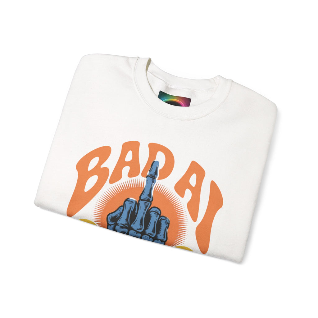 Bad AI Graphic Sweatshirt — Middle Finger Skeleton Hand with Smiley Faces