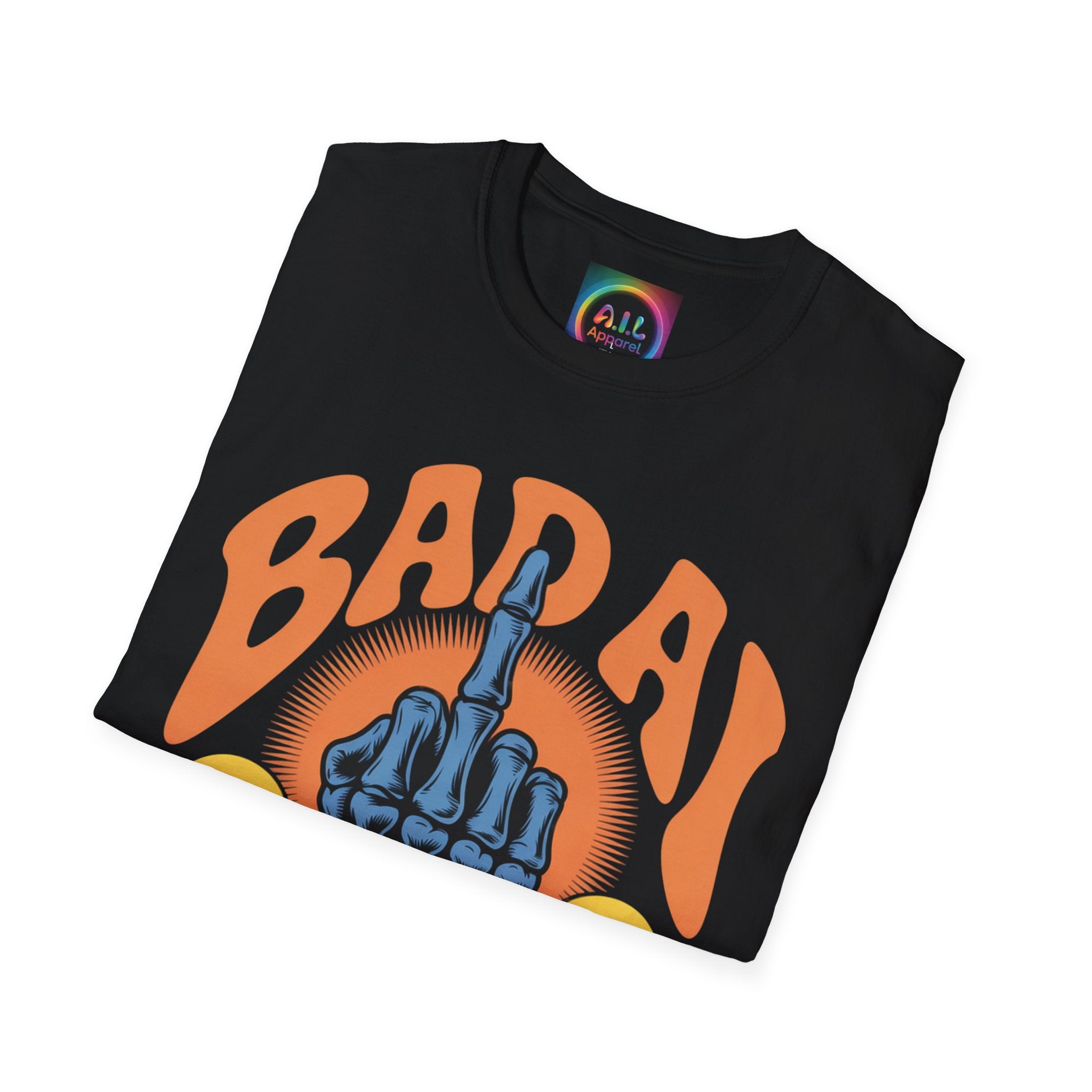 Bad AI Graphic T-Shirt — Middle Finger Skeleton Hand with Smiley Faces
