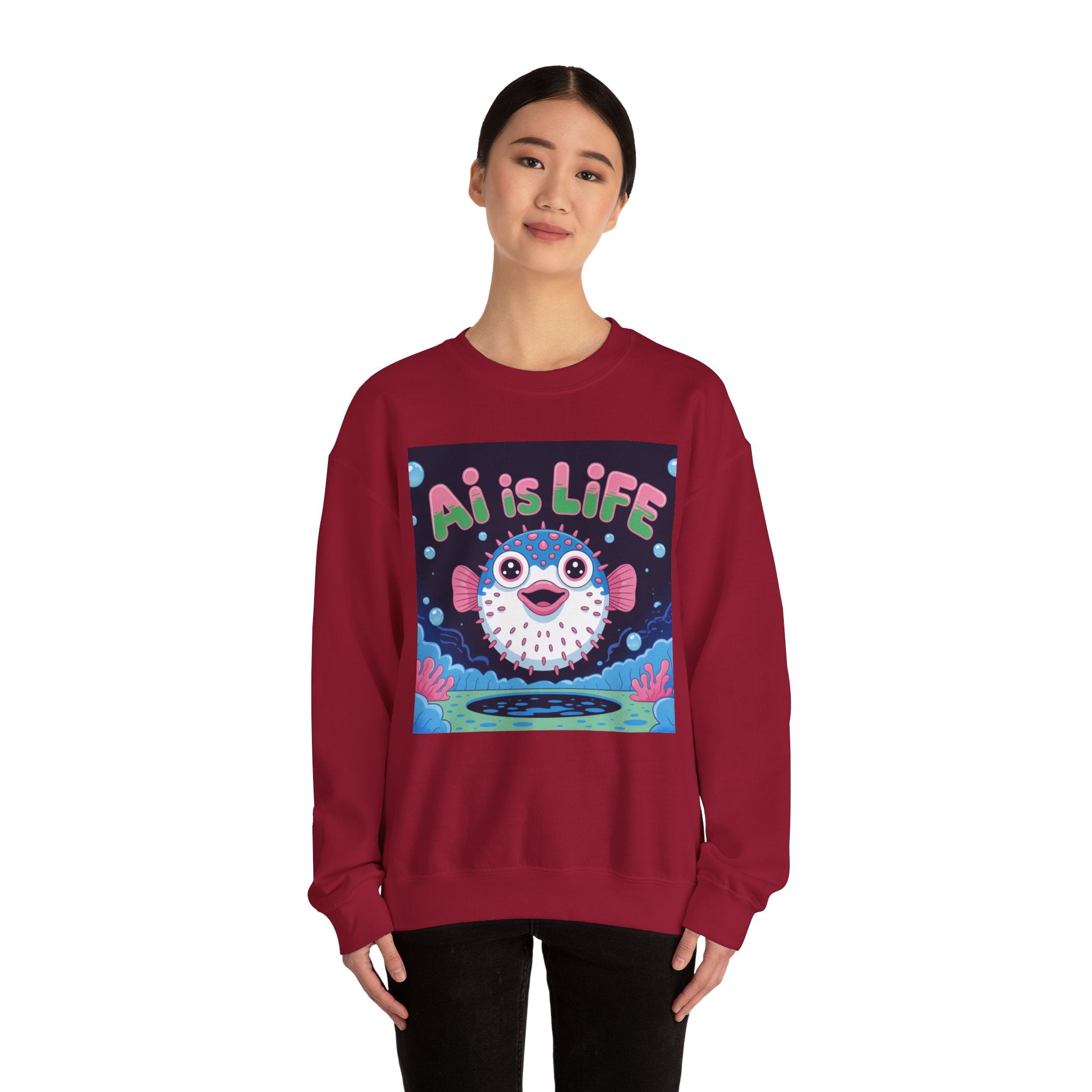 AI is LIFE “Happy Blowfish Energy” of Unisex Heavy Blend™ Crewneck Sweatshirt