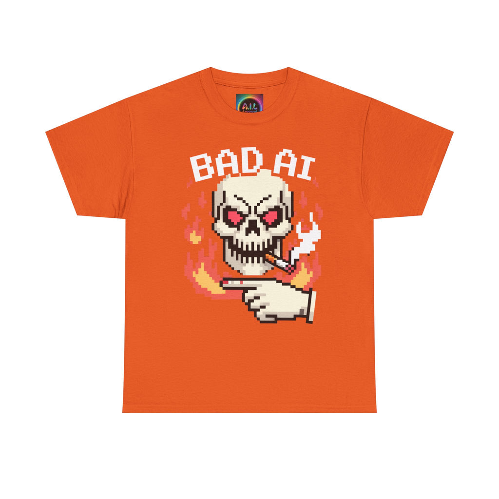 Bad AI Skull on Fire "CYBER BONE COMMAND" Pixel Art T-Shirt