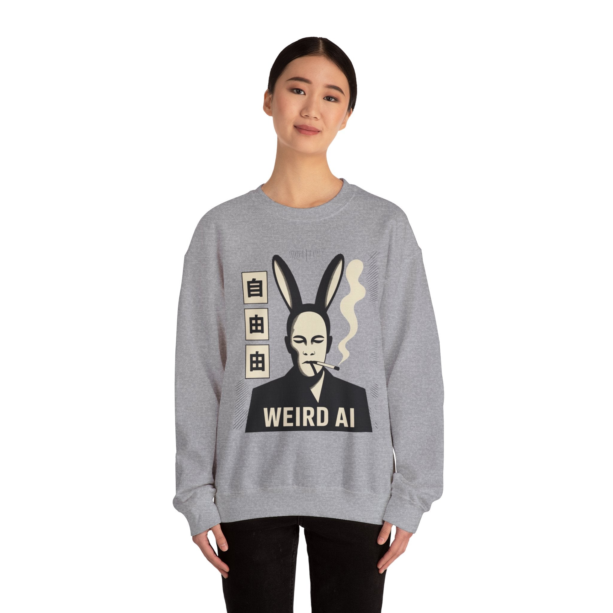 Weird AI Tee "CYBER RABBIT NOIR" Retro Bunny-Masked AI Graphic Crewneck Sweatshirt