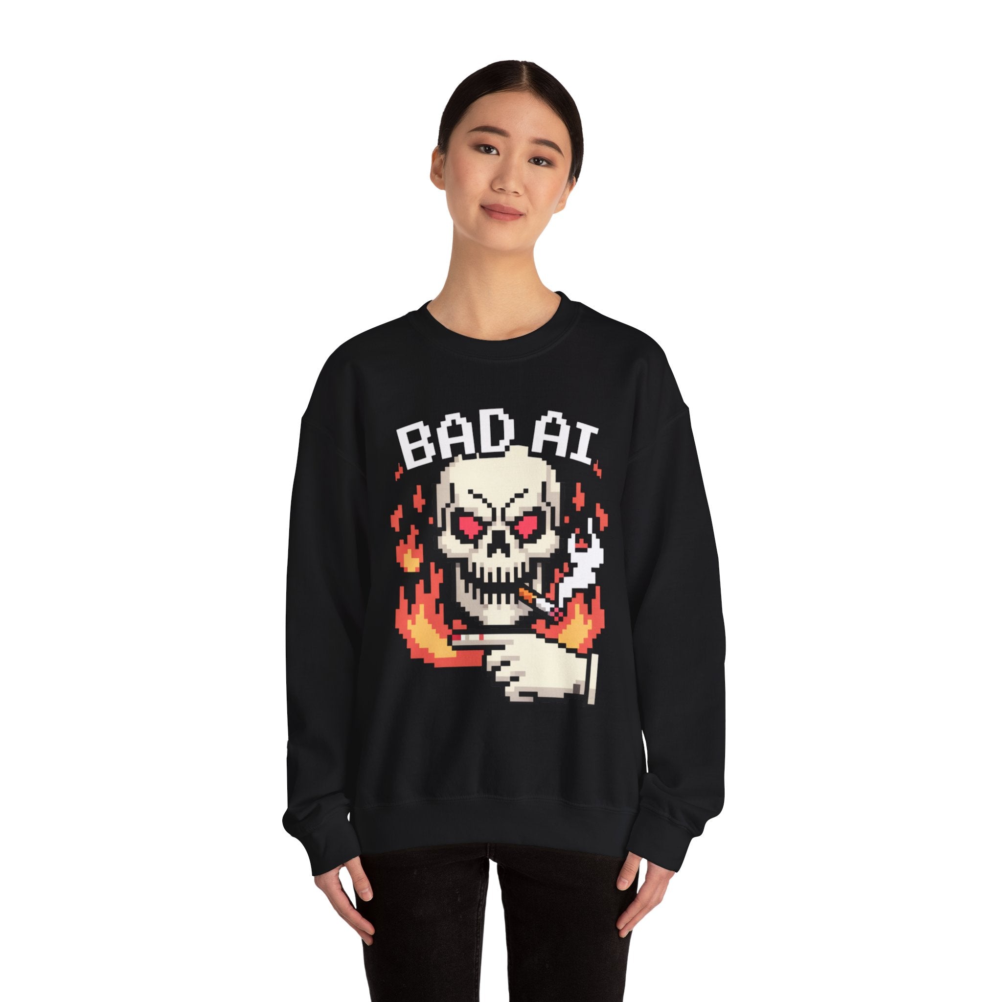 Bad AI Skull on Fire "CYBER BONE COMMAND" Pixel Art Sweatshirt