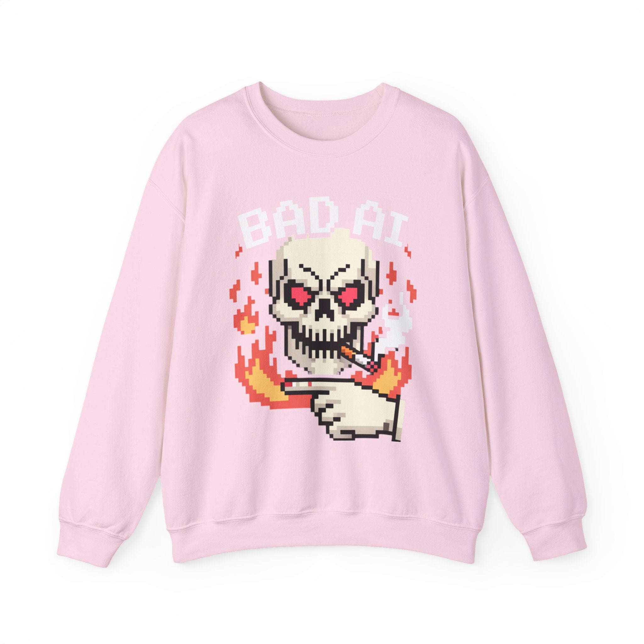 Bad AI Skull on Fire "CYBER BONE COMMAND" Pixel Art Sweatshirt