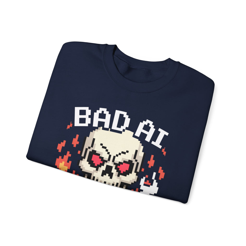 Bad AI Skull on Fire "CYBER BONE COMMAND" Pixel Art Sweatshirt