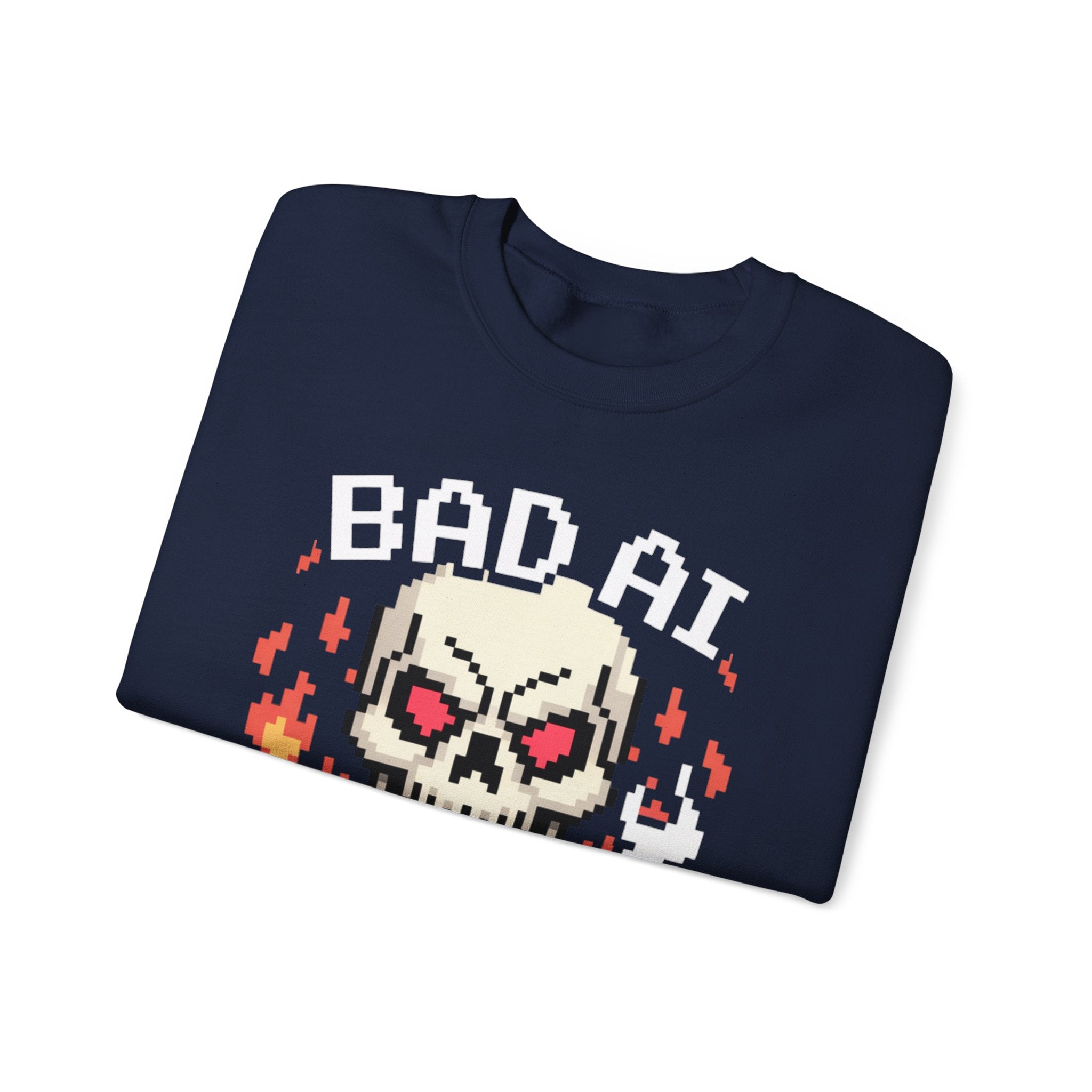Bad AI Skull on Fire "CYBER BONE COMMAND" Pixel Art Sweatshirt