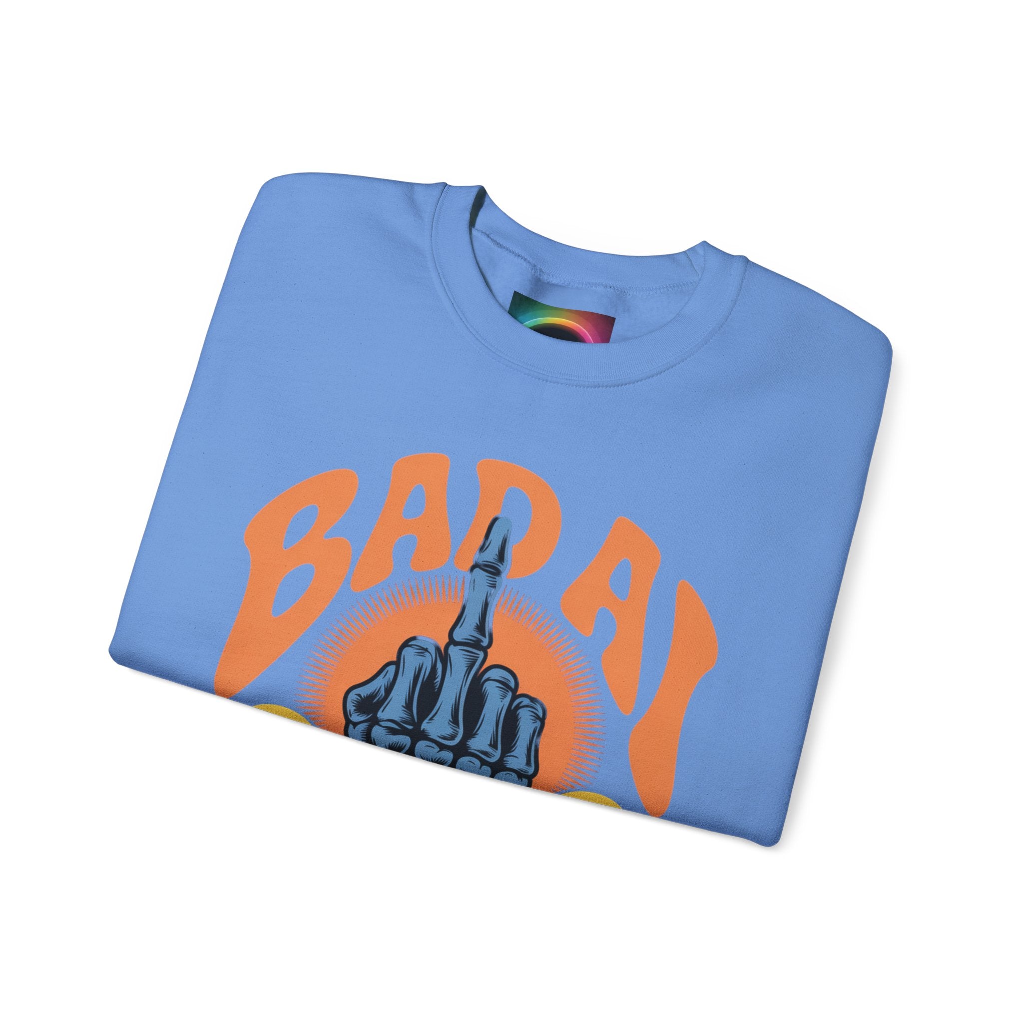Bad AI Graphic Sweatshirt — Middle Finger Skeleton Hand with Smiley Faces