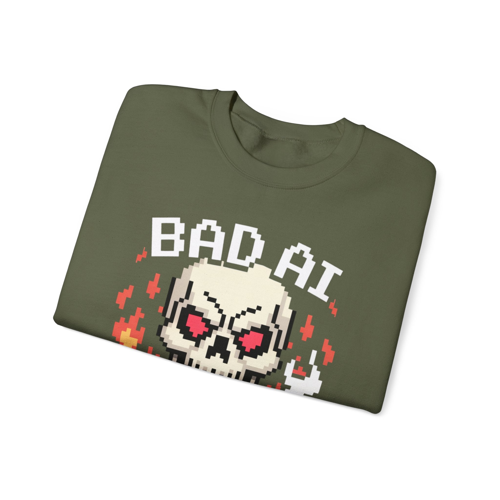 Bad AI Skull on Fire "CYBER BONE COMMAND" Pixel Art Sweatshirt