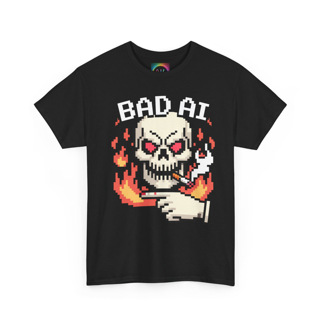 Bad AI Skull on Fire "CYBER BONE COMMAND" Pixel Art T-Shirt