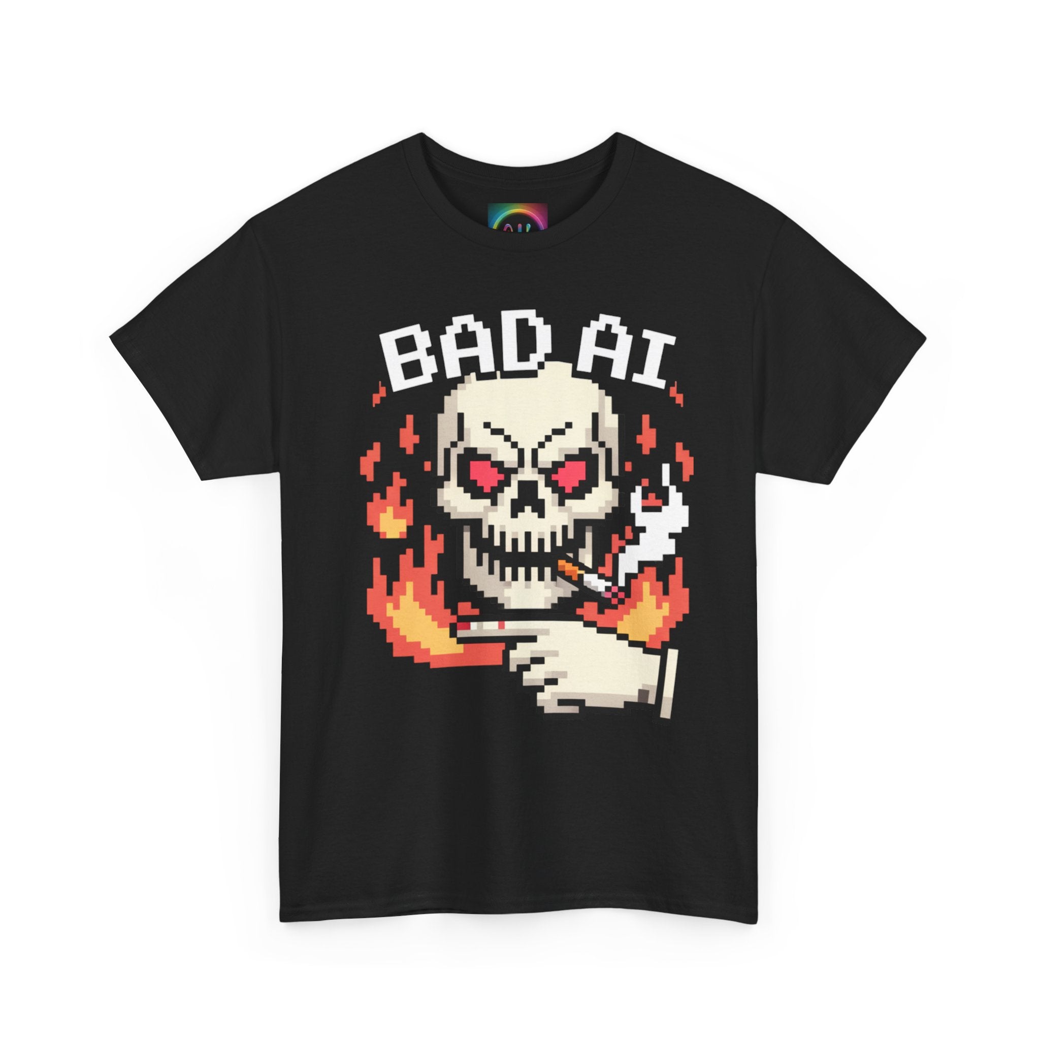 Bad AI Skull on Fire "CYBER BONE COMMAND" Pixel Art T-Shirt
