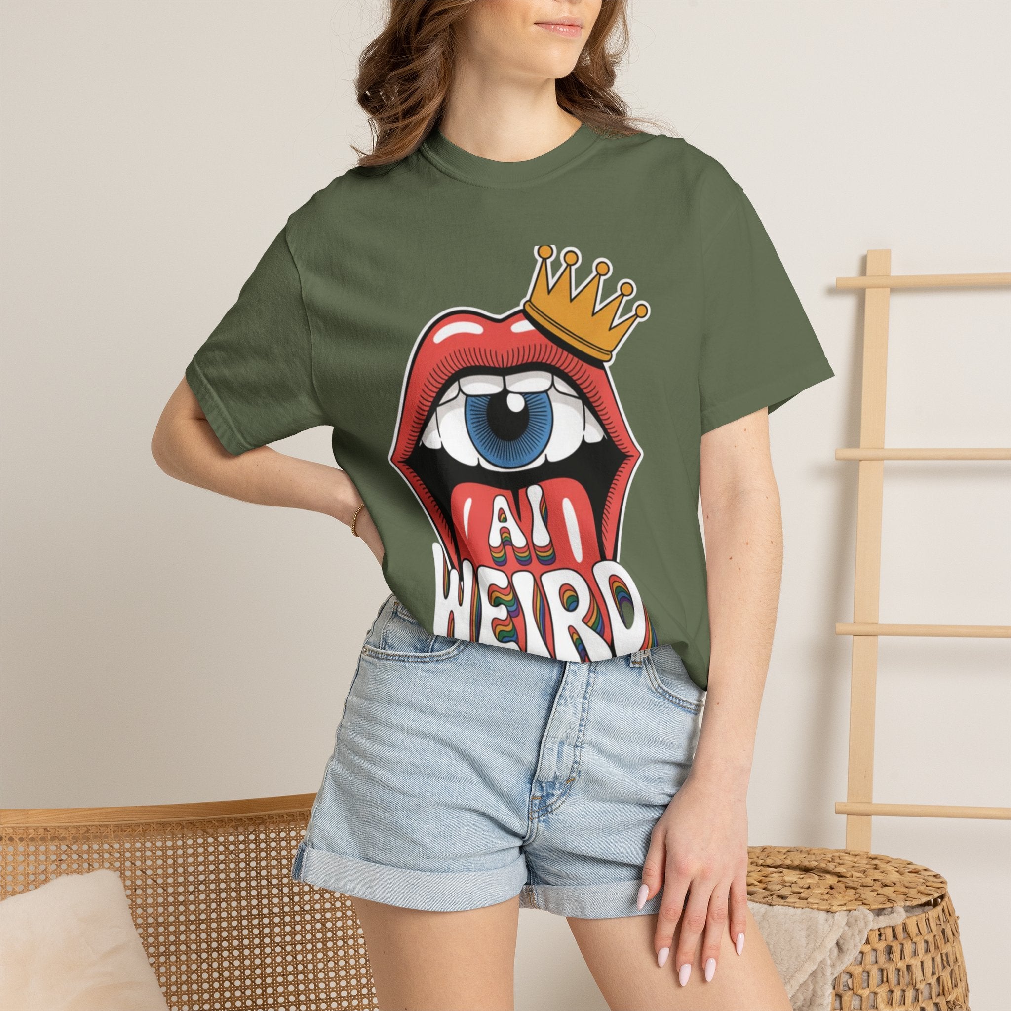 AI Weird Graphic T-Shirt — Crown Quirky Eye & "RETRO CROWNED MOUTH"