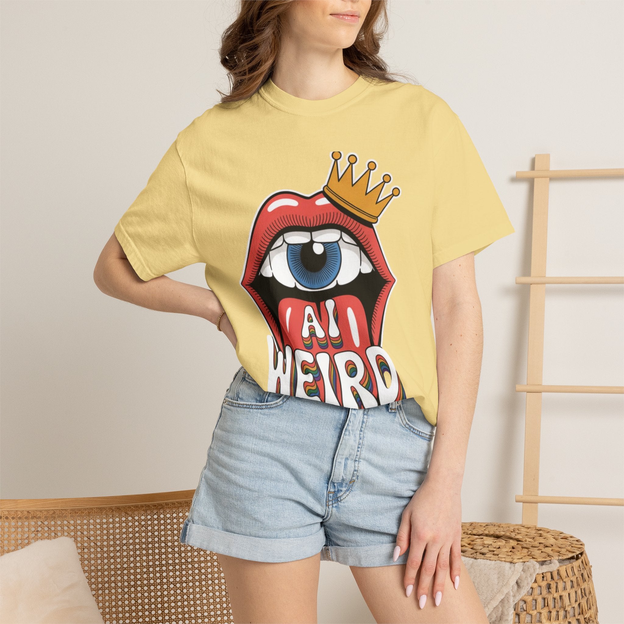 AI Weird Graphic T-Shirt — Crown Quirky Eye & "RETRO CROWNED MOUTH"