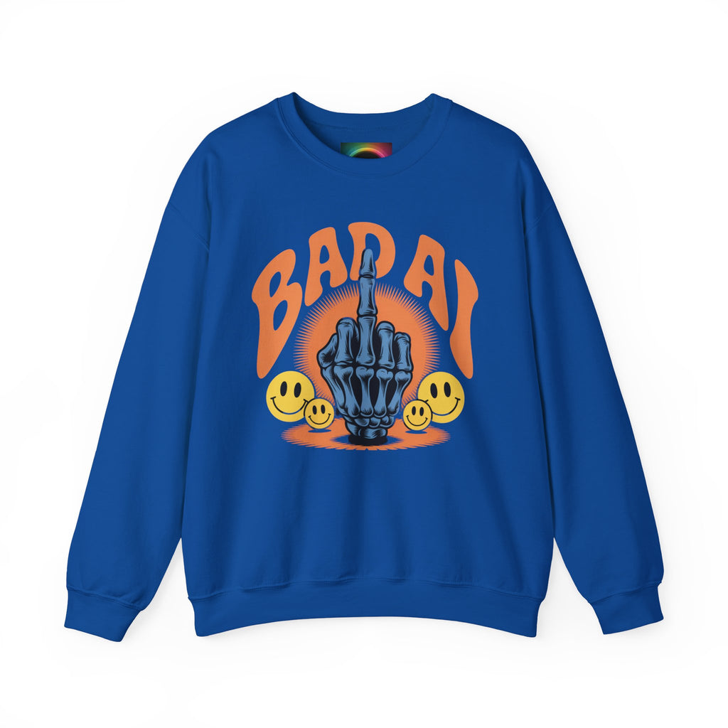 Bad AI Graphic Sweatshirt — Middle Finger Skeleton Hand with Smiley Faces