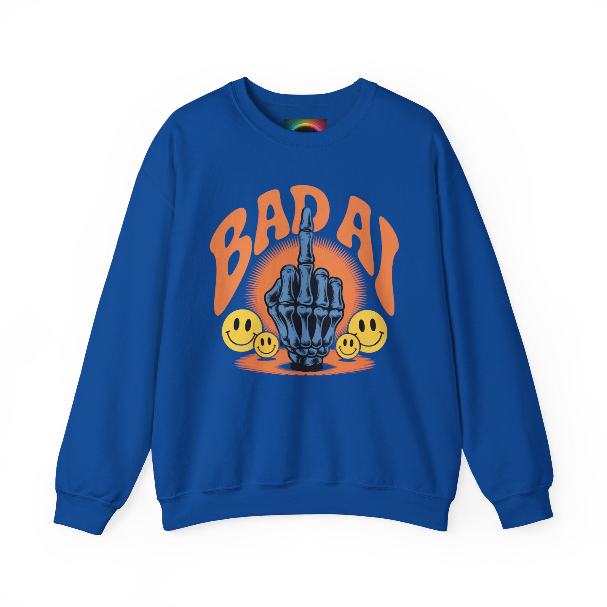 Bad AI Graphic Sweatshirt — Middle Finger Skeleton Hand with Smiley Faces