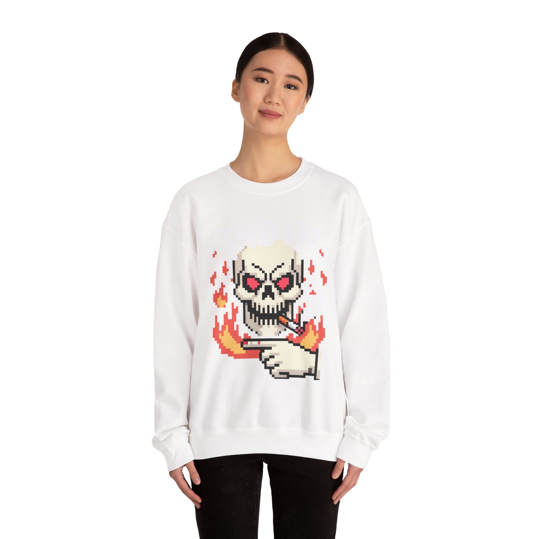 Bad AI Skull on Fire "CYBER BONE COMMAND" Pixel Art Sweatshirt