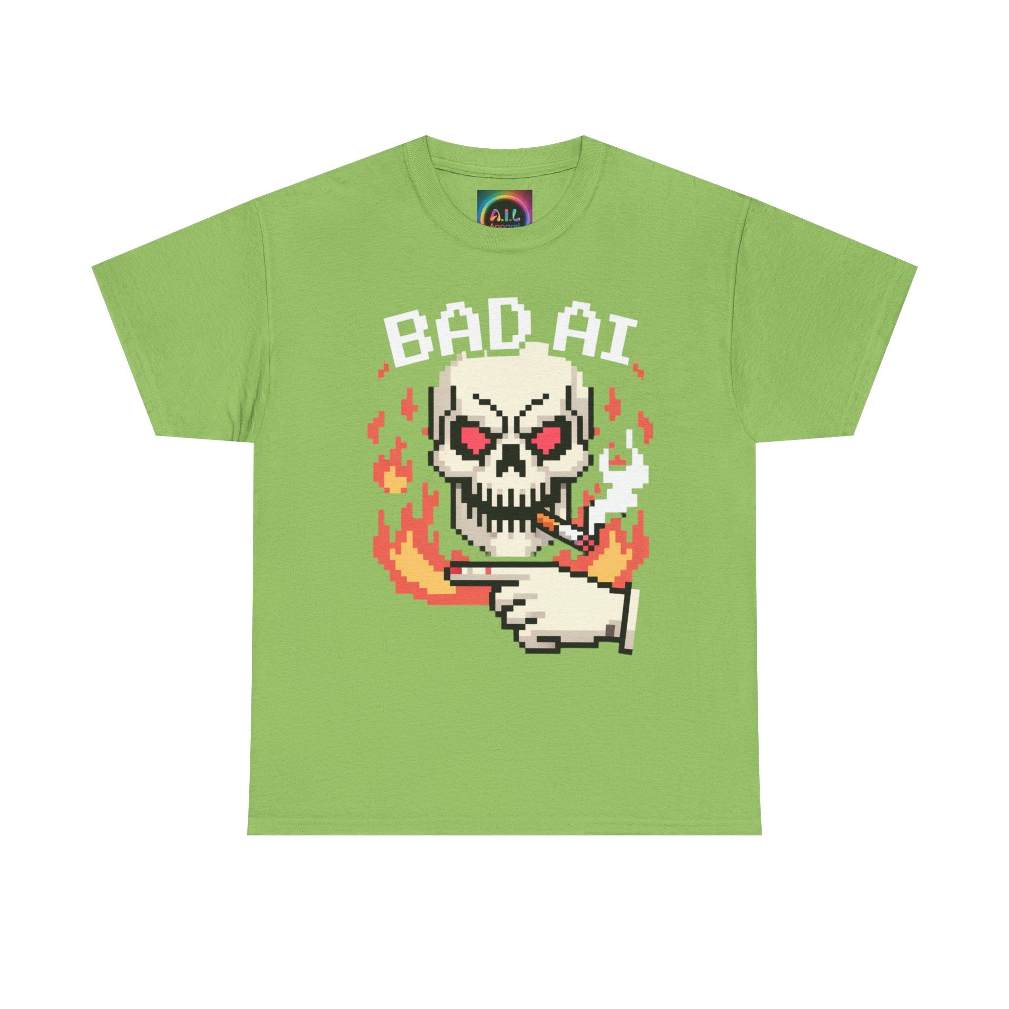 Bad AI Skull on Fire "CYBER BONE COMMAND" Pixel Art T-Shirt