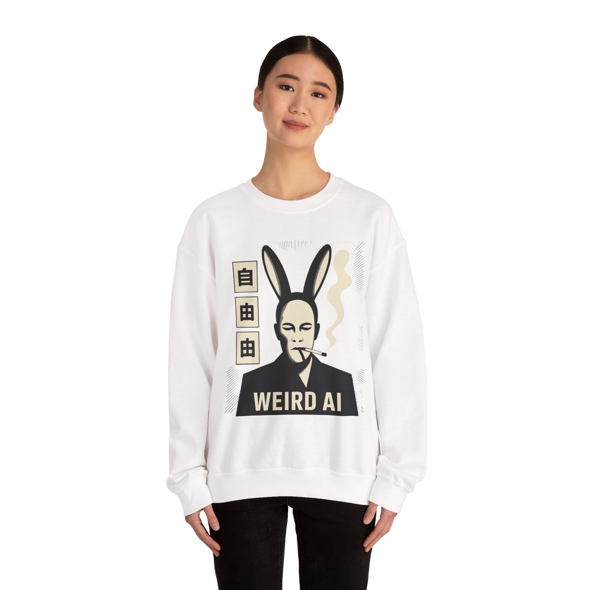 Weird AI Tee "CYBER RABBIT NOIR" Retro Bunny-Masked AI Graphic Crewneck Sweatshirt