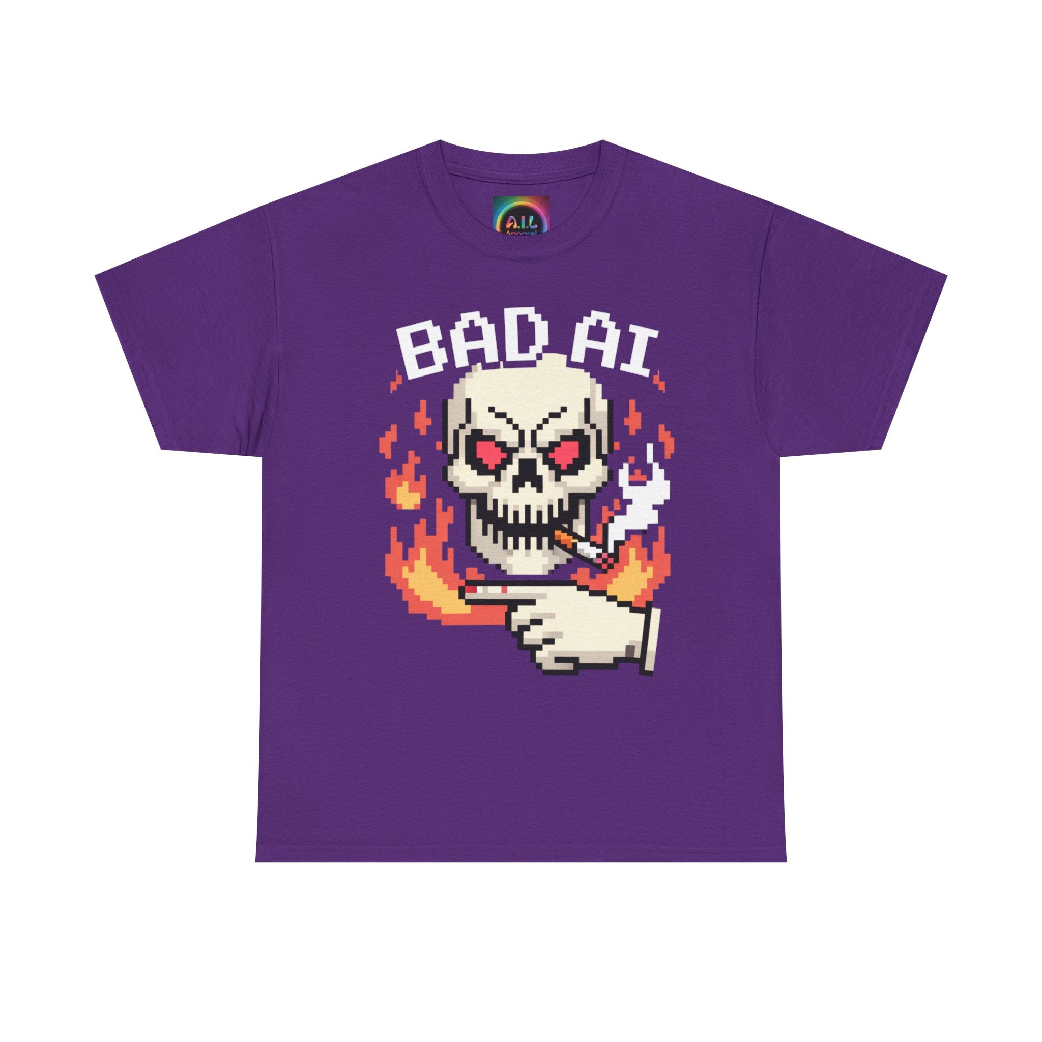Bad AI Skull on Fire "CYBER BONE COMMAND" Pixel Art T-Shirt