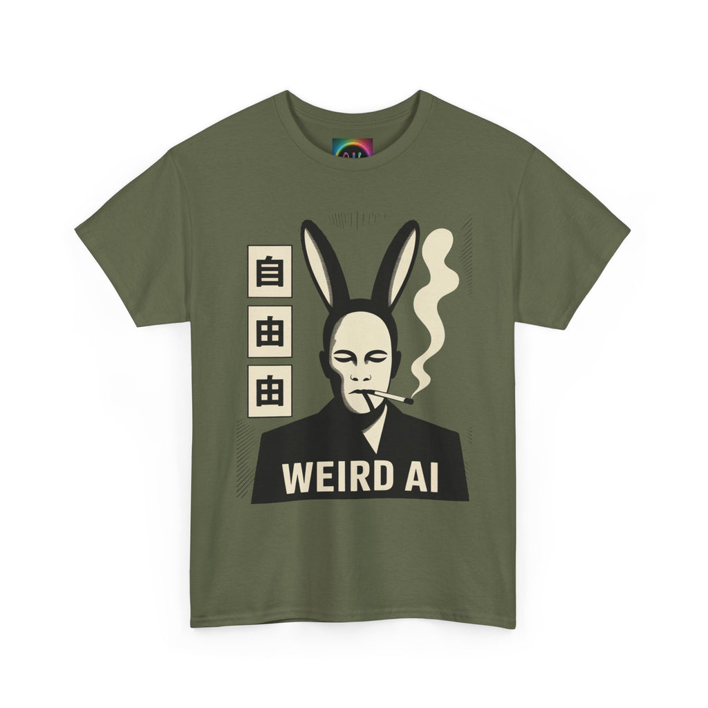 Weird AI Tee "CYBER RABBIT NOIR" Retro Bunny-Masked AI Graphic T-Shirt