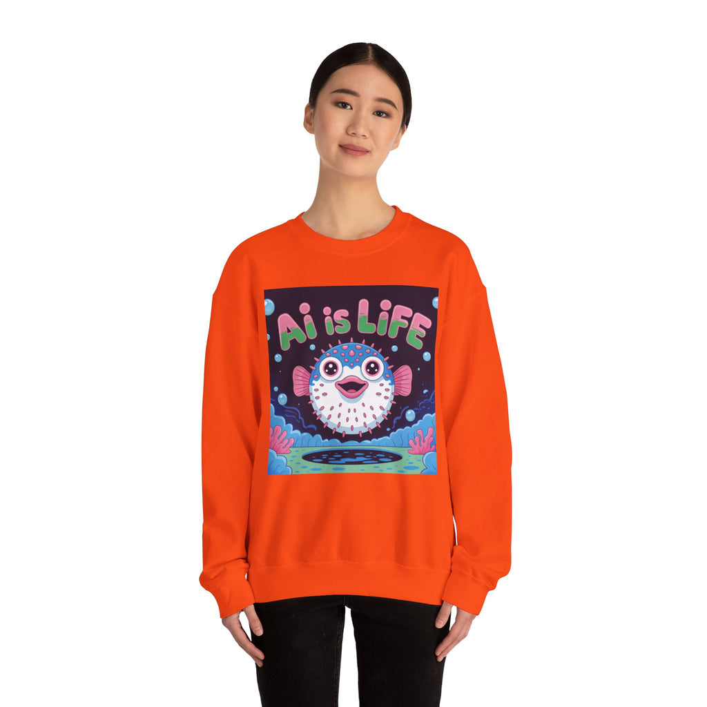 AI is LIFE “Happy Blowfish Energy” of Unisex Heavy Blend™ Crewneck Sweatshirt