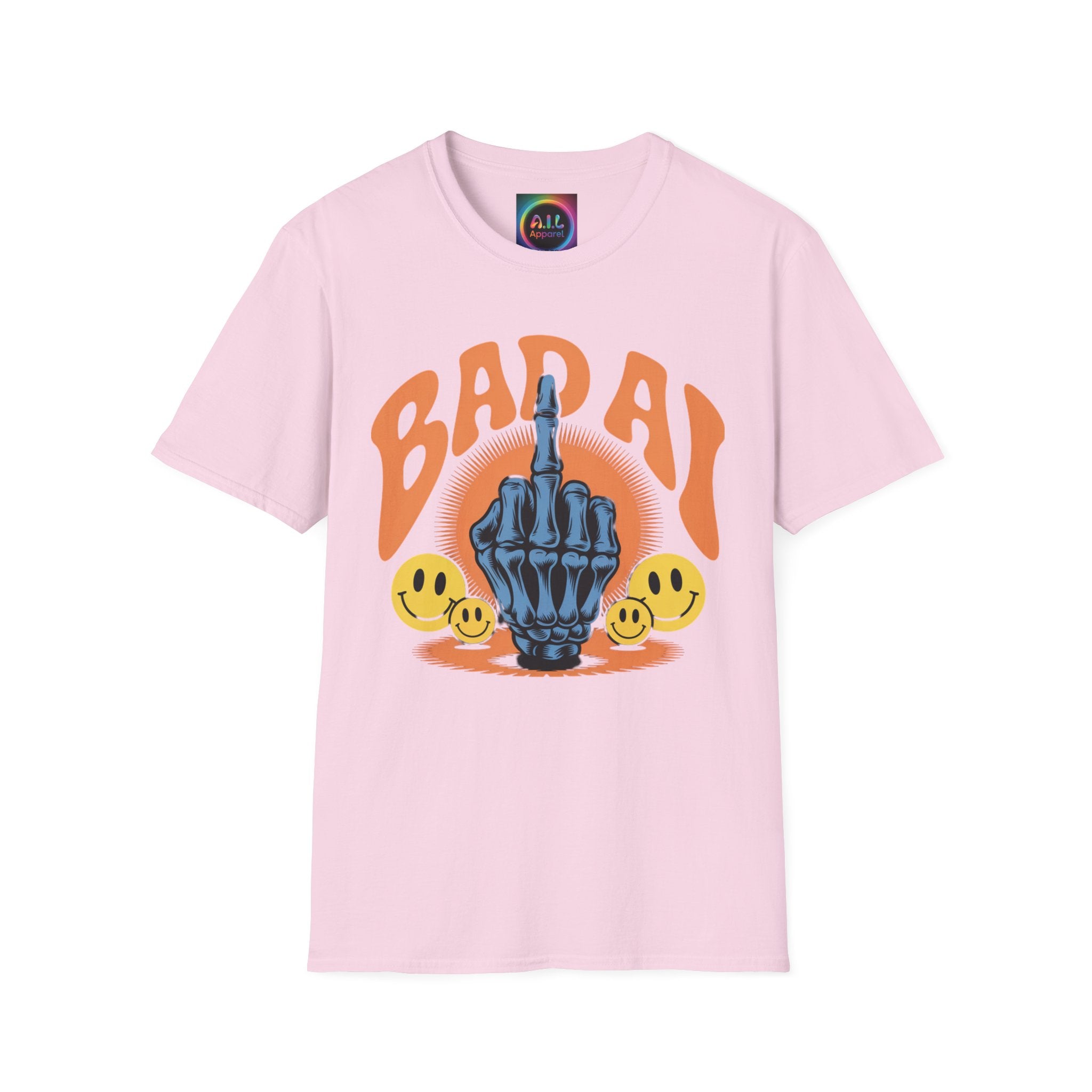 Bad AI Graphic T-Shirt — Middle Finger Skeleton Hand with Smiley Faces