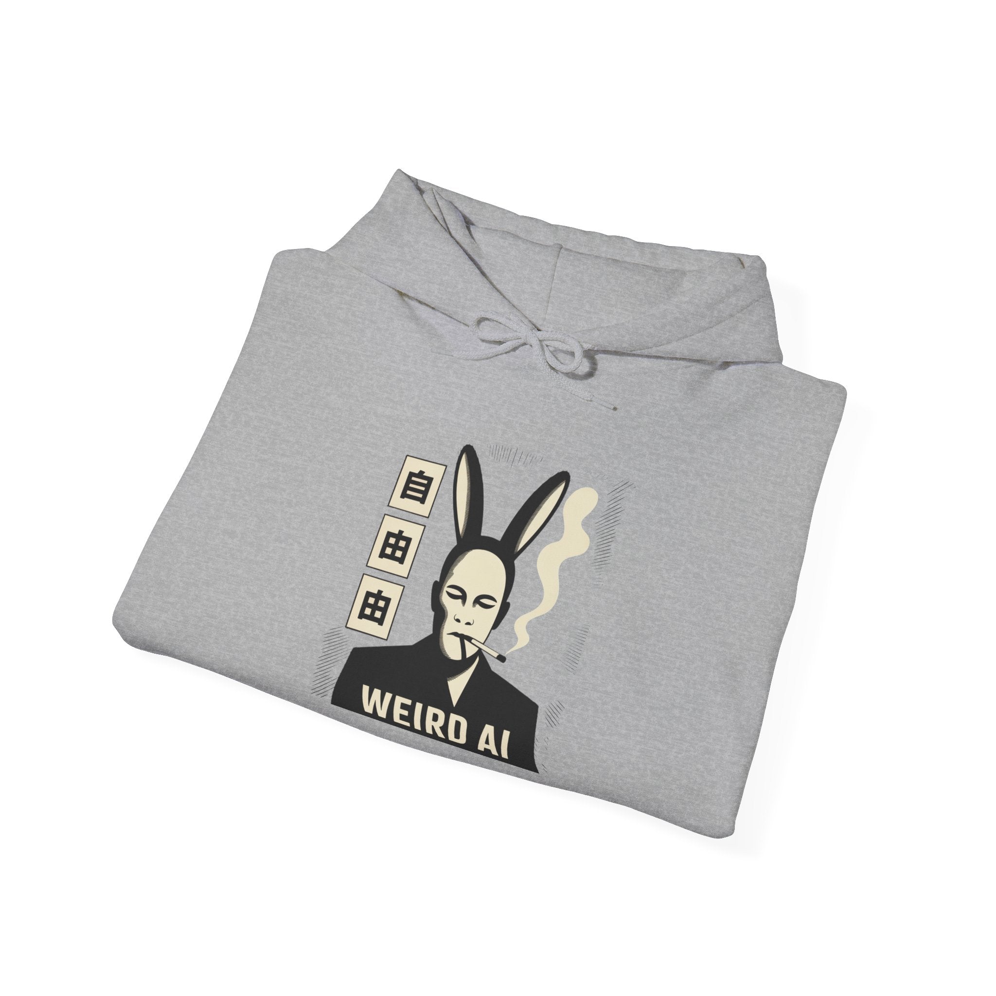 Weird AI Tee "CYBER RABBIT NOIR" Retro Bunny-Masked AI Graphic Hoodie