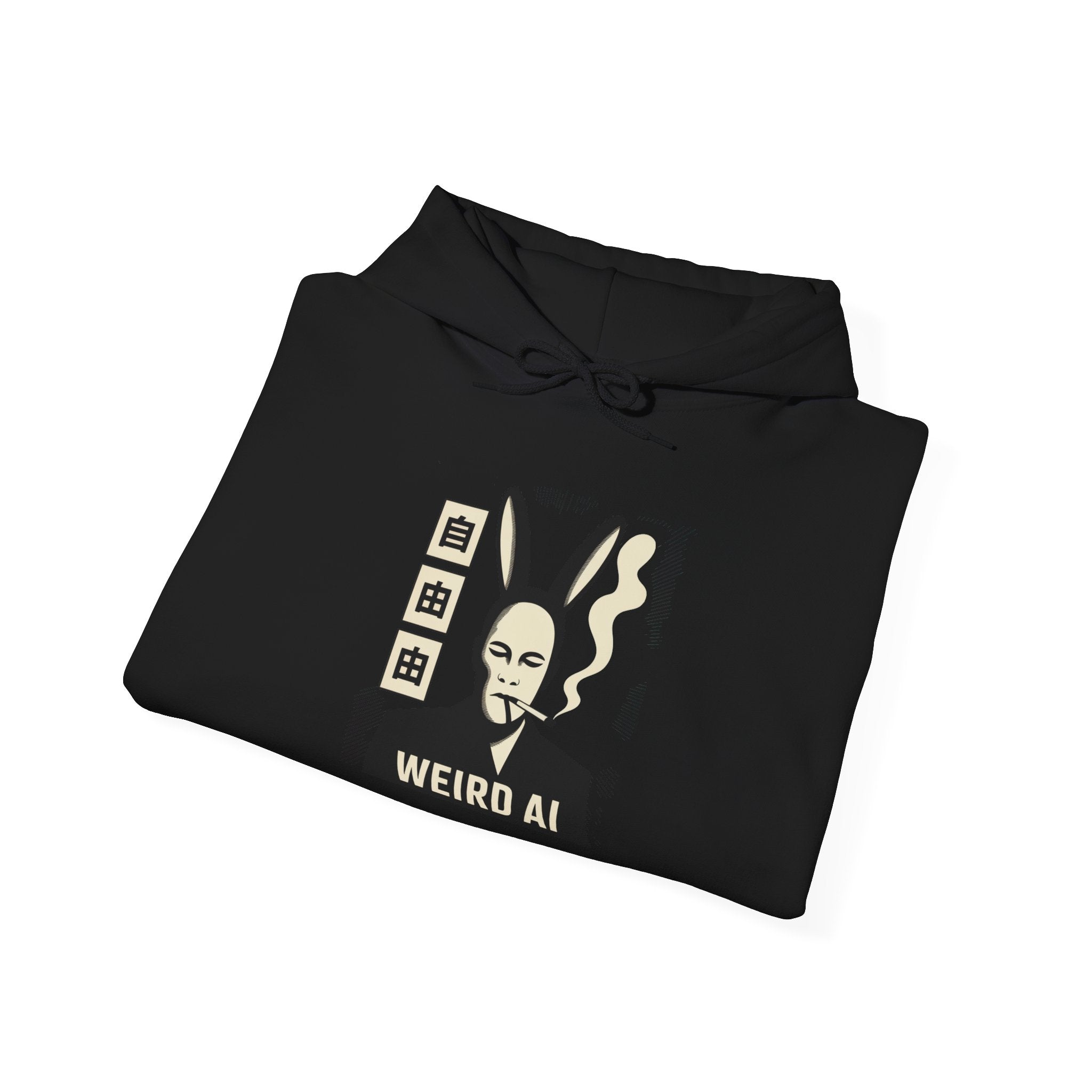 Weird AI Tee "CYBER RABBIT NOIR" Retro Bunny-Masked AI Graphic Hoodie