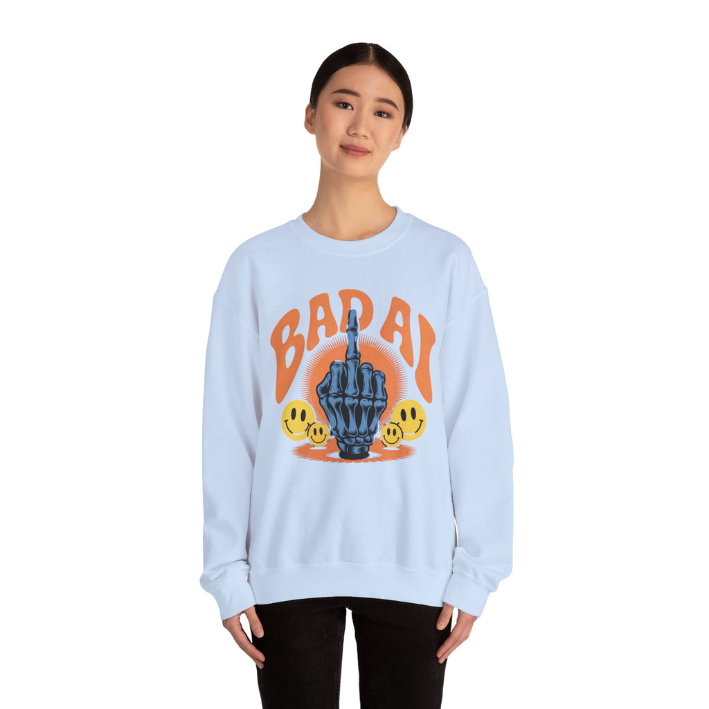 Bad AI Graphic Sweatshirt — Middle Finger Skeleton Hand with Smiley Faces