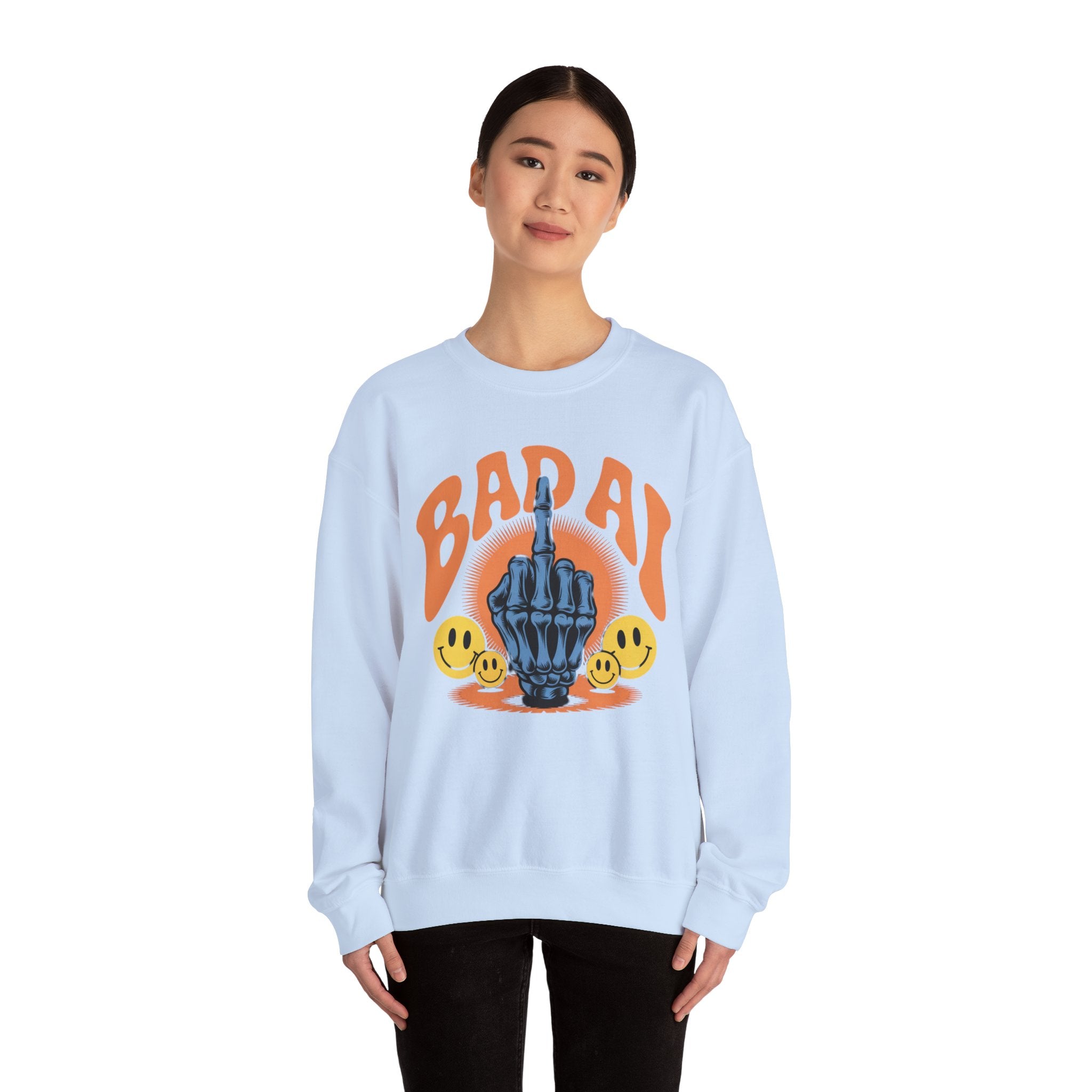 Bad AI Graphic Sweatshirt — Middle Finger Skeleton Hand with Smiley Faces