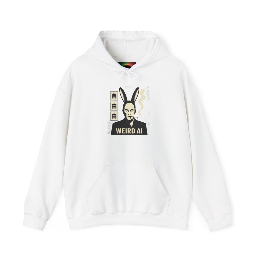 Weird AI Tee "CYBER RABBIT NOIR" Retro Bunny-Masked AI Graphic Hoodie