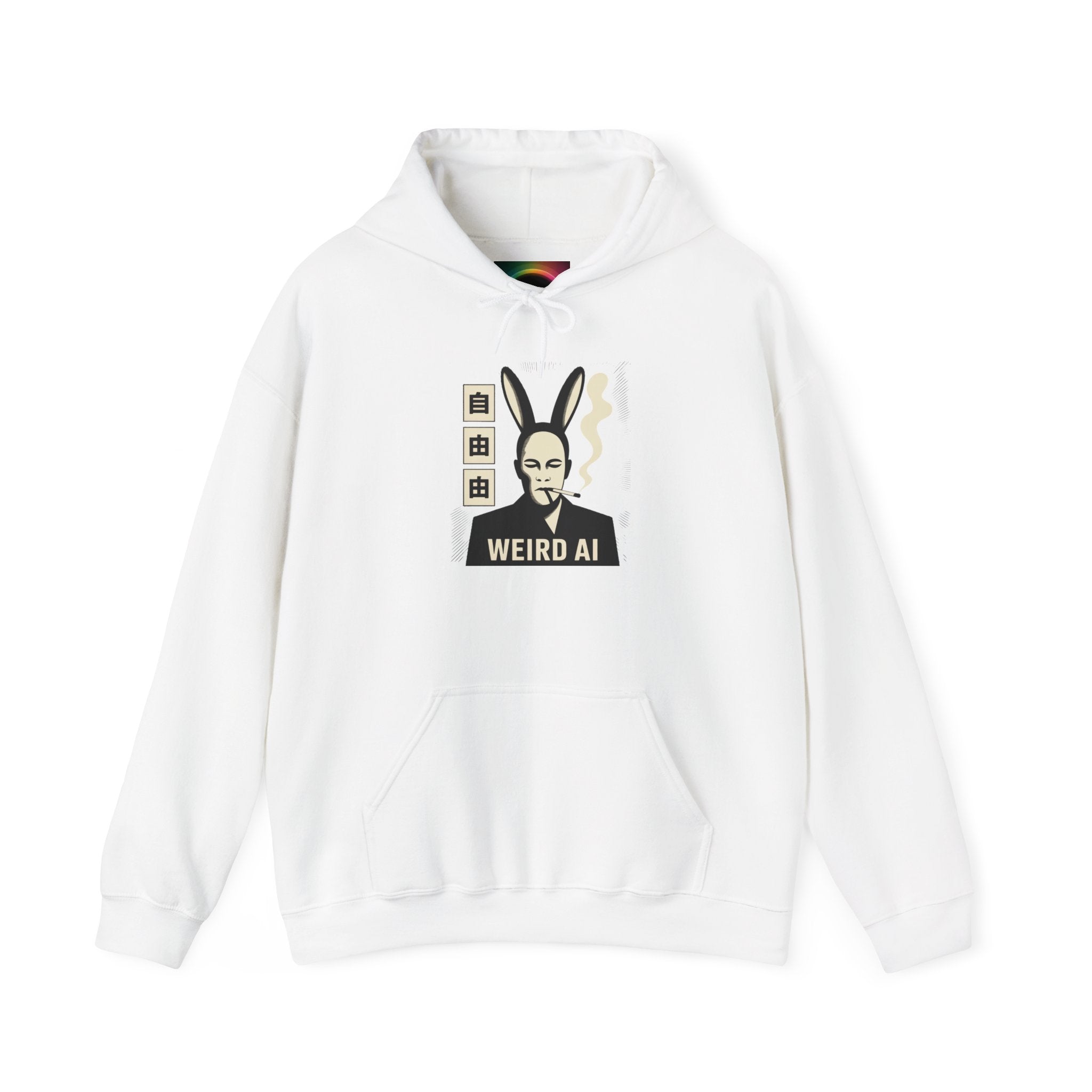 Weird AI Tee "CYBER RABBIT NOIR" Retro Bunny-Masked AI Graphic Hoodie