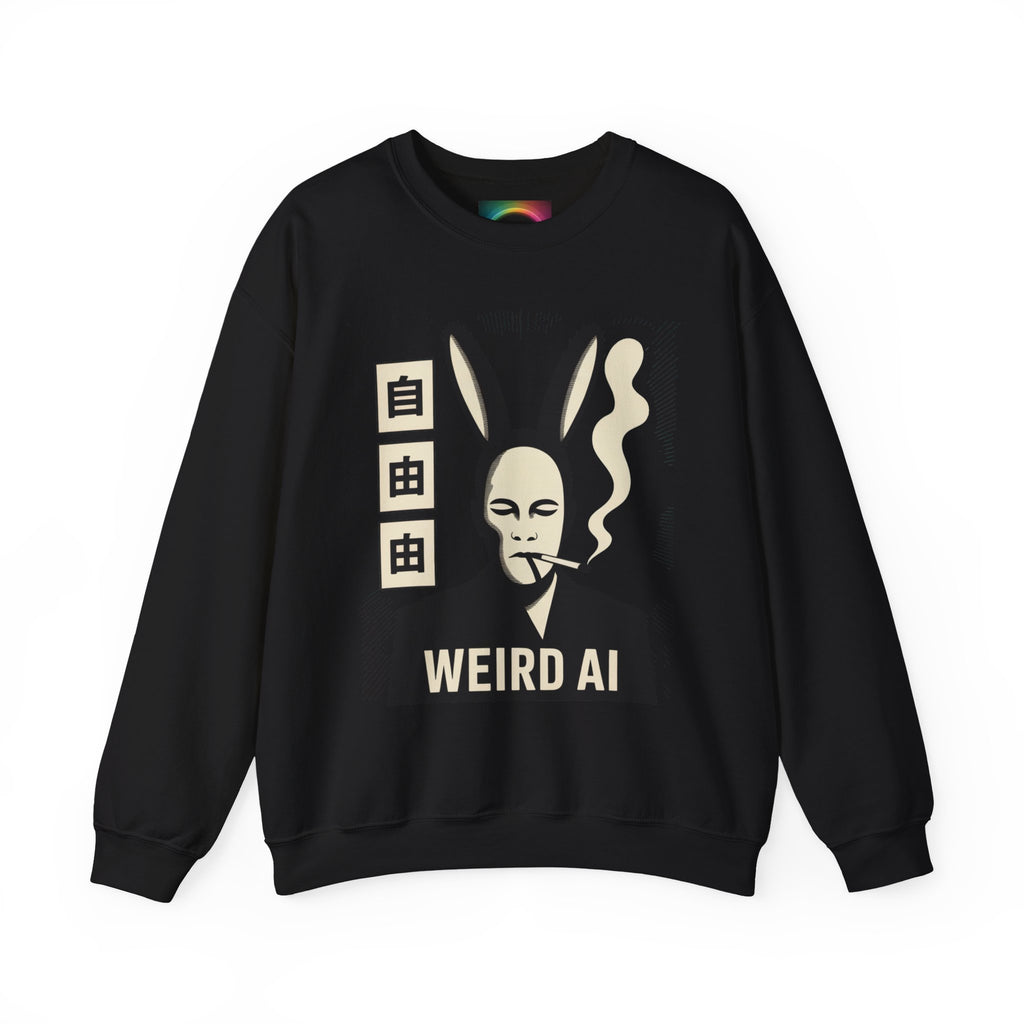 Weird AI Tee "CYBER RABBIT NOIR" Retro Bunny-Masked AI Graphic Crewneck Sweatshirt