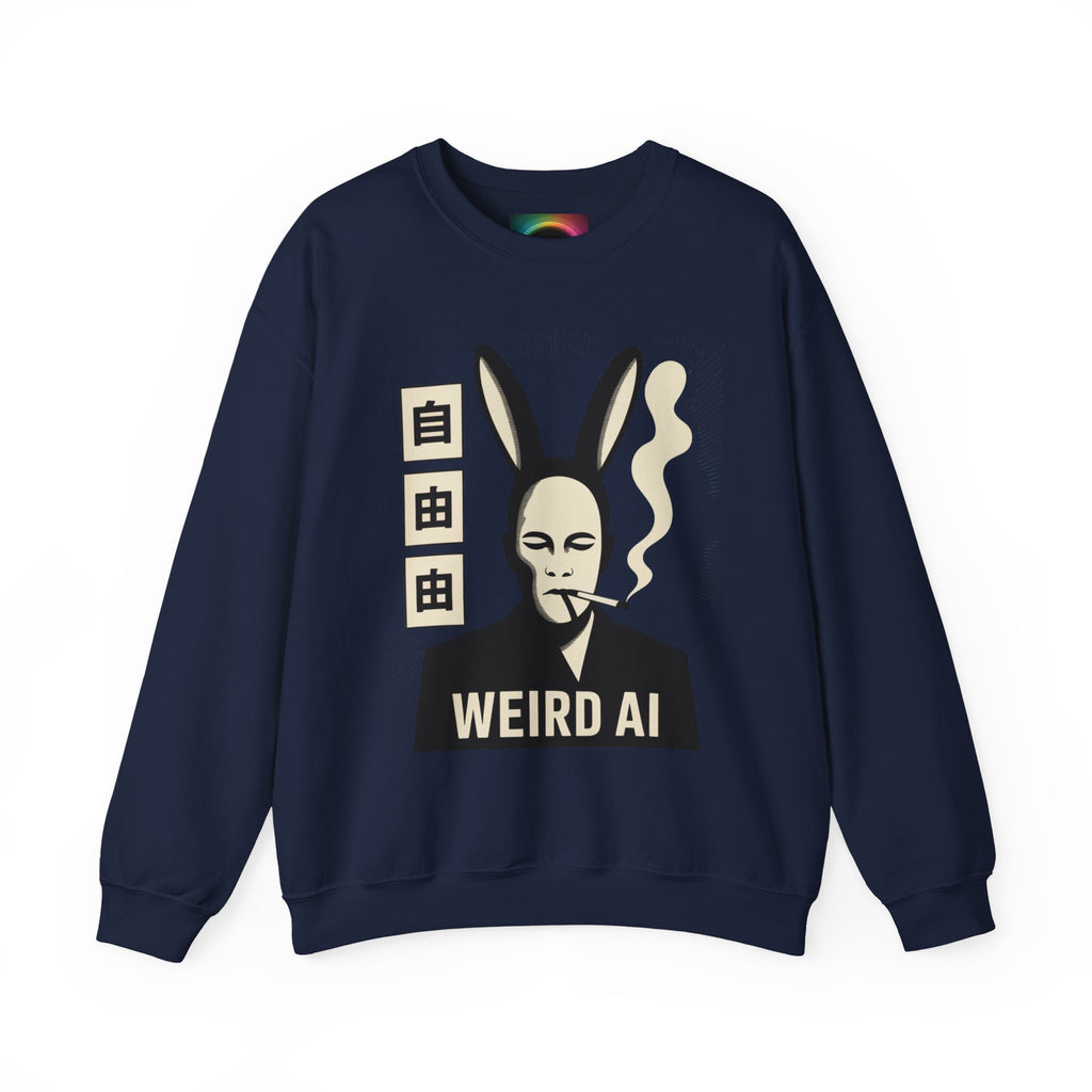 Weird AI Tee "CYBER RABBIT NOIR" Retro Bunny-Masked AI Graphic Crewneck Sweatshirt