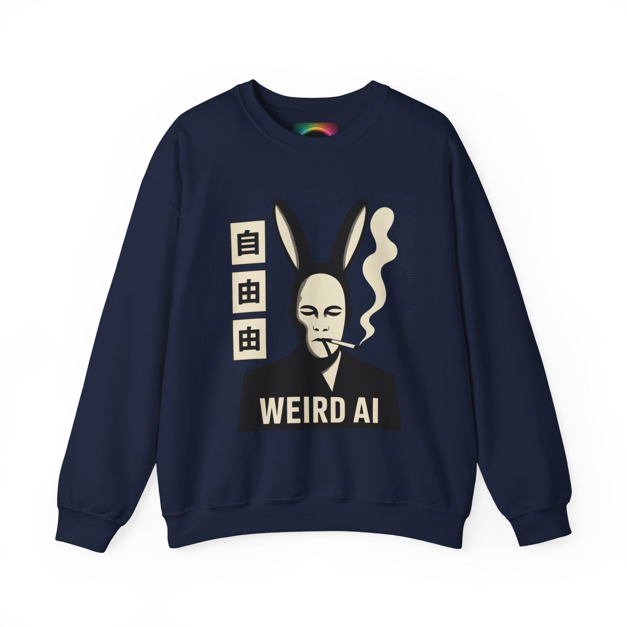 Weird AI Tee "CYBER RABBIT NOIR" Retro Bunny-Masked AI Graphic Crewneck Sweatshirt