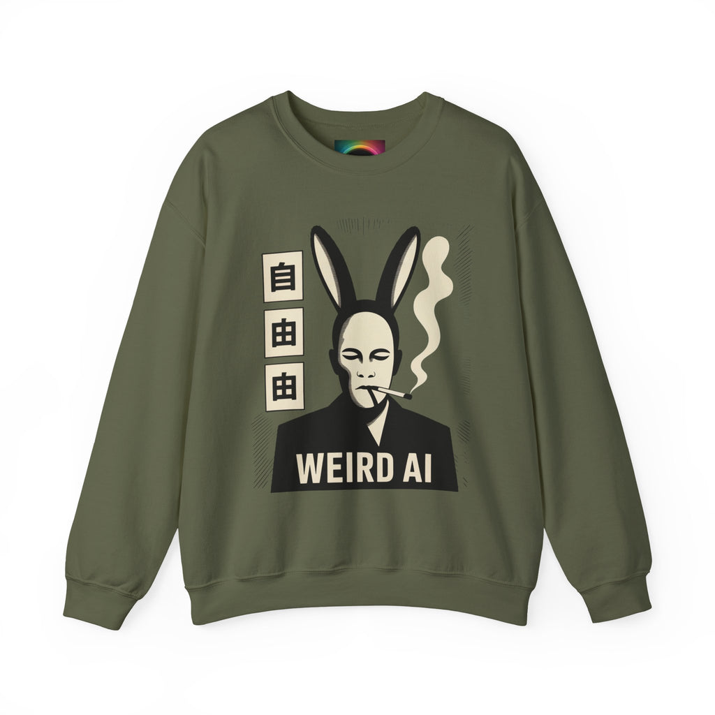 Weird AI Tee "CYBER RABBIT NOIR" Retro Bunny-Masked AI Graphic Crewneck Sweatshirt