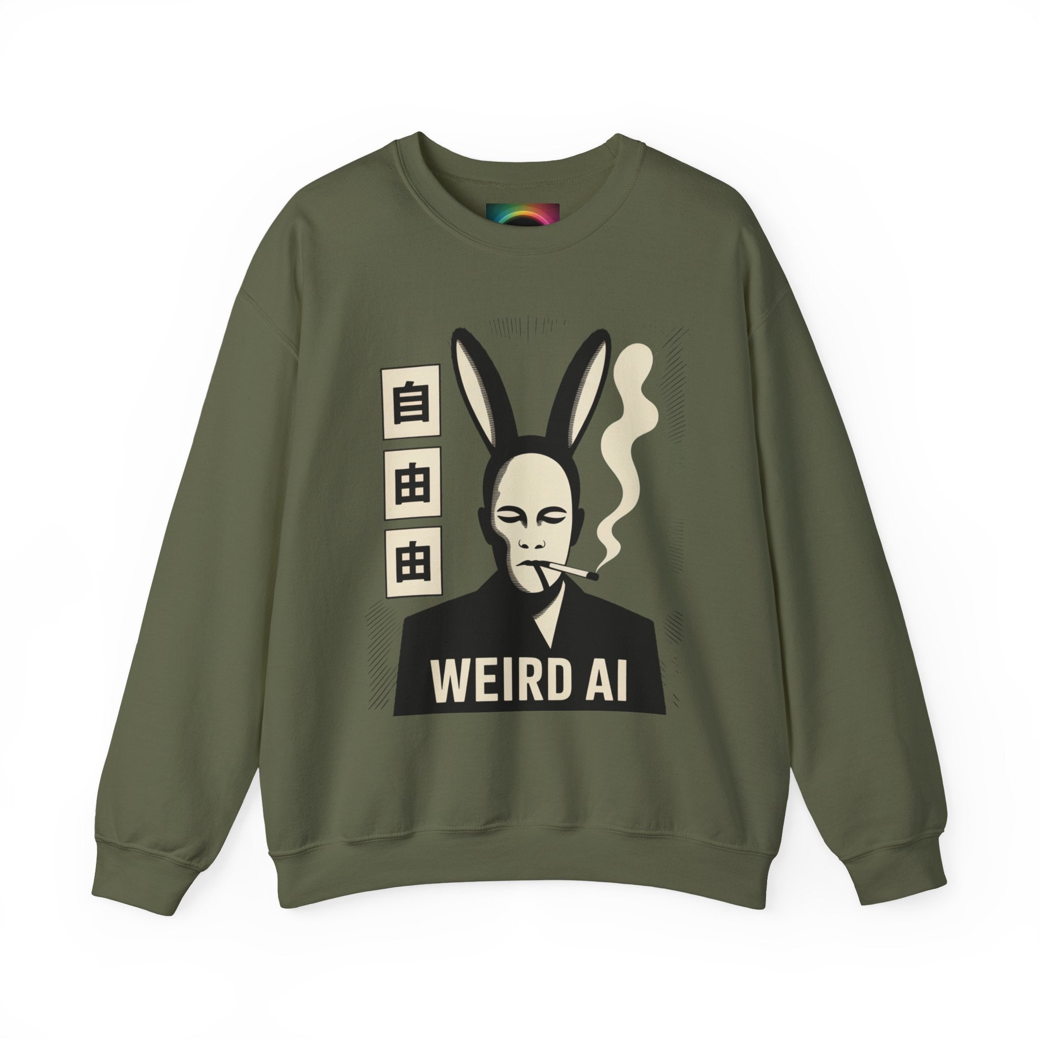 Weird AI Tee "CYBER RABBIT NOIR" Retro Bunny-Masked AI Graphic Crewneck Sweatshirt