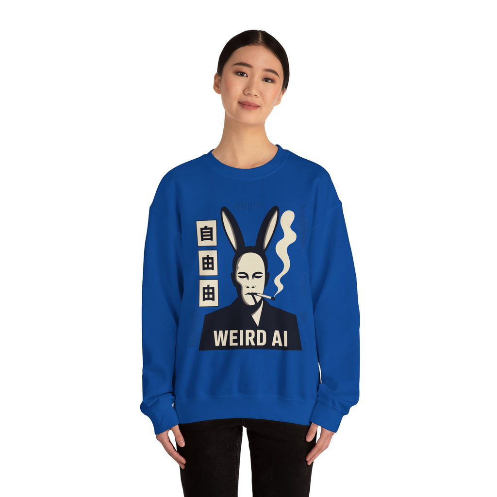 Weird AI Tee "CYBER RABBIT NOIR" Retro Bunny-Masked AI Graphic Crewneck Sweatshirt