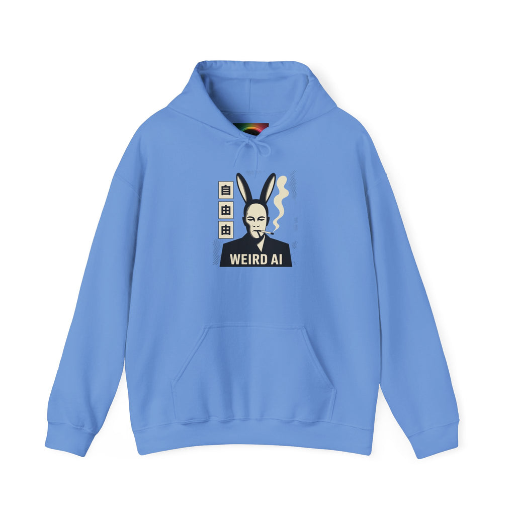 Weird AI Tee "CYBER RABBIT NOIR" Retro Bunny-Masked AI Graphic Hoodie