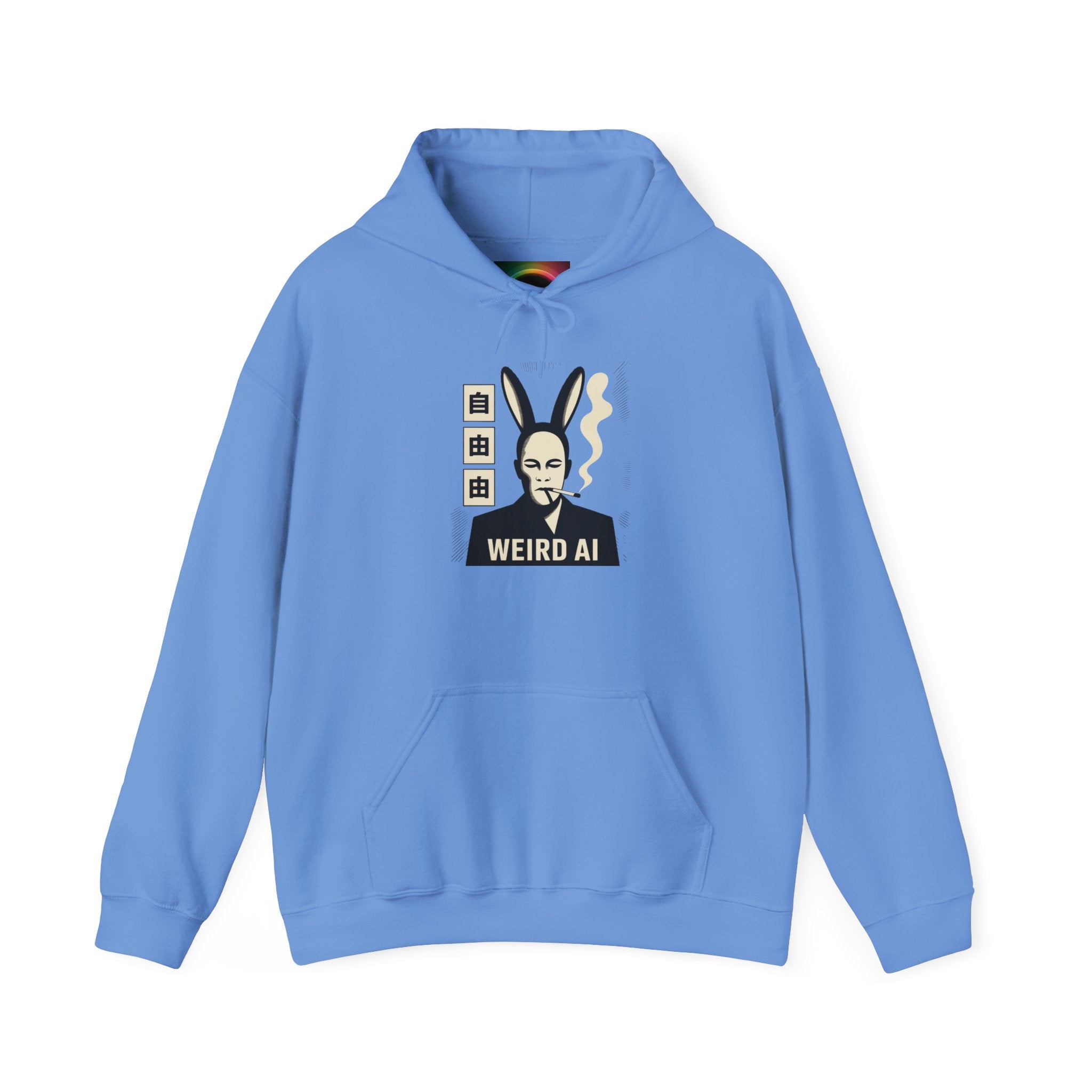Weird AI Tee "CYBER RABBIT NOIR" Retro Bunny-Masked AI Graphic Hoodie