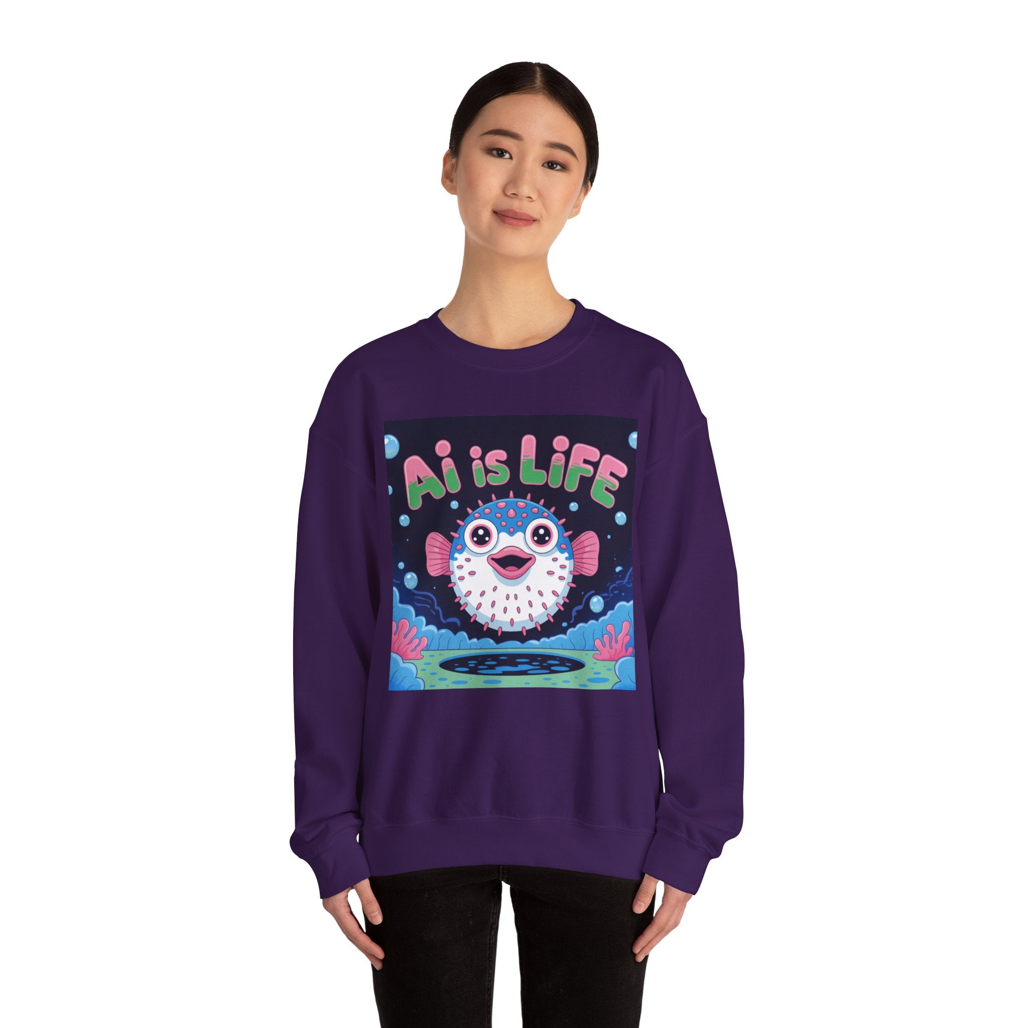AI is LIFE “Happy Blowfish Energy” of Unisex Heavy Blend™ Crewneck Sweatshirt