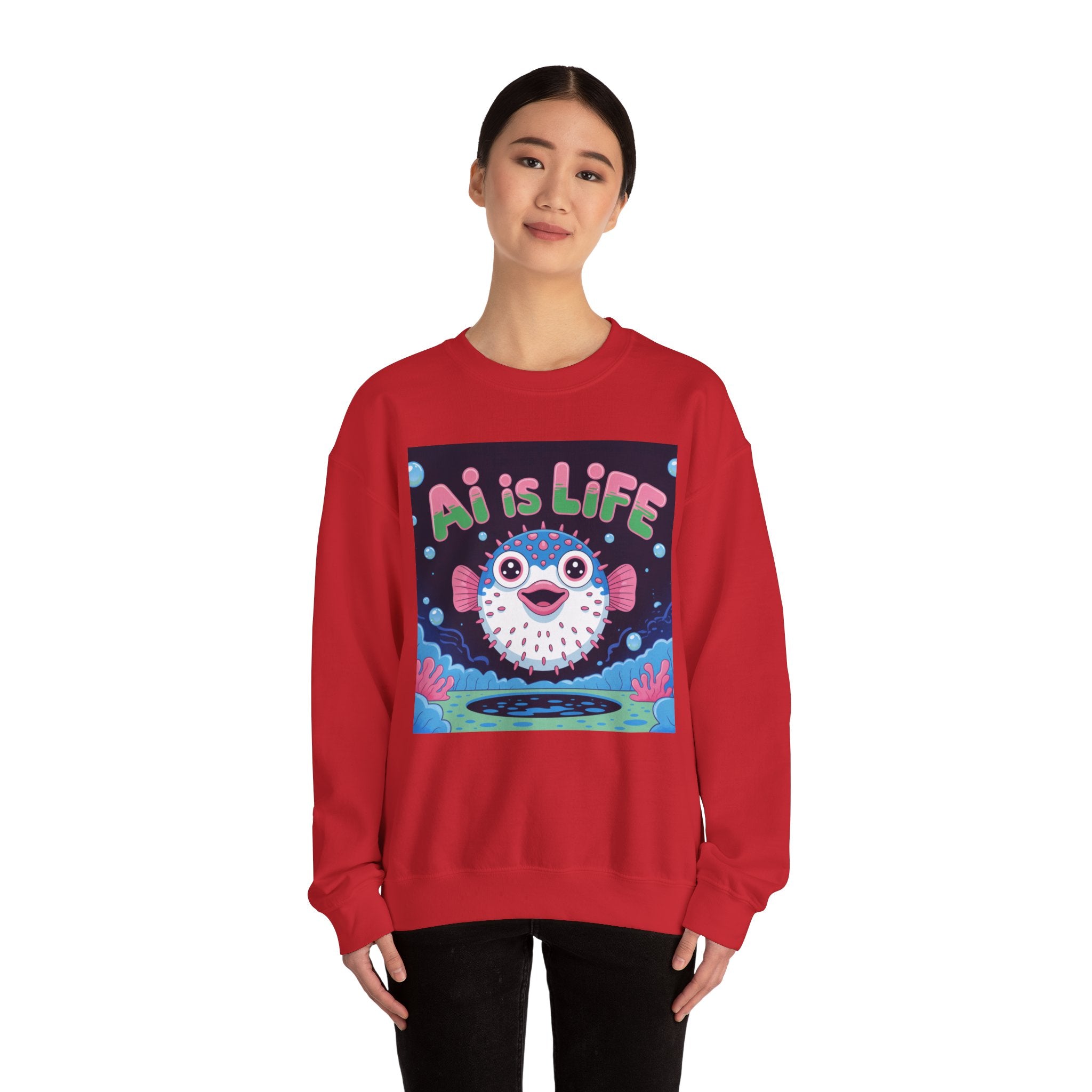AI is LIFE “Happy Blowfish Energy” of Unisex Heavy Blend™ Crewneck Sweatshirt