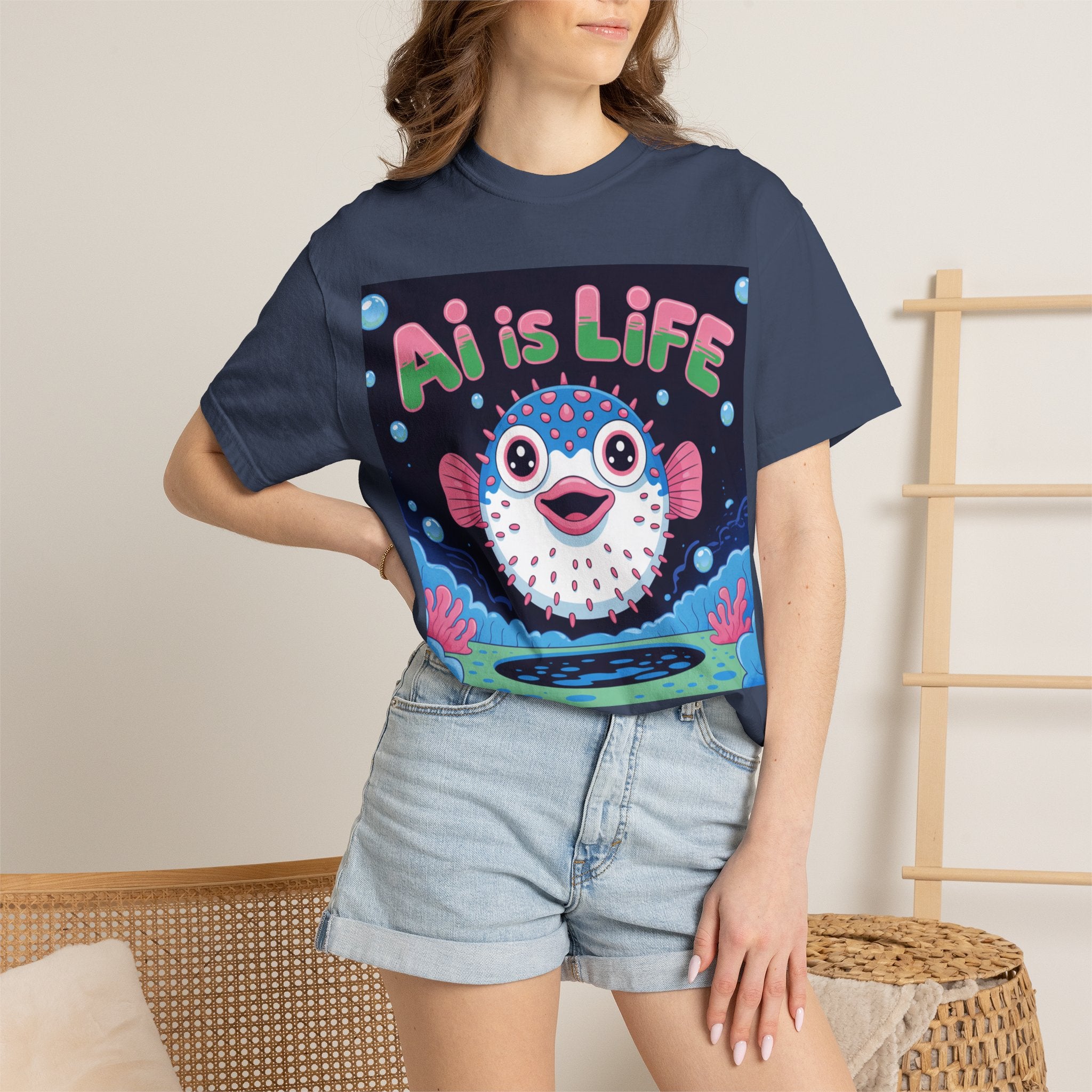 AI is LIFE  “Happy Blowfish Energy” ( Unisex Garment-Dyed T-shirt)