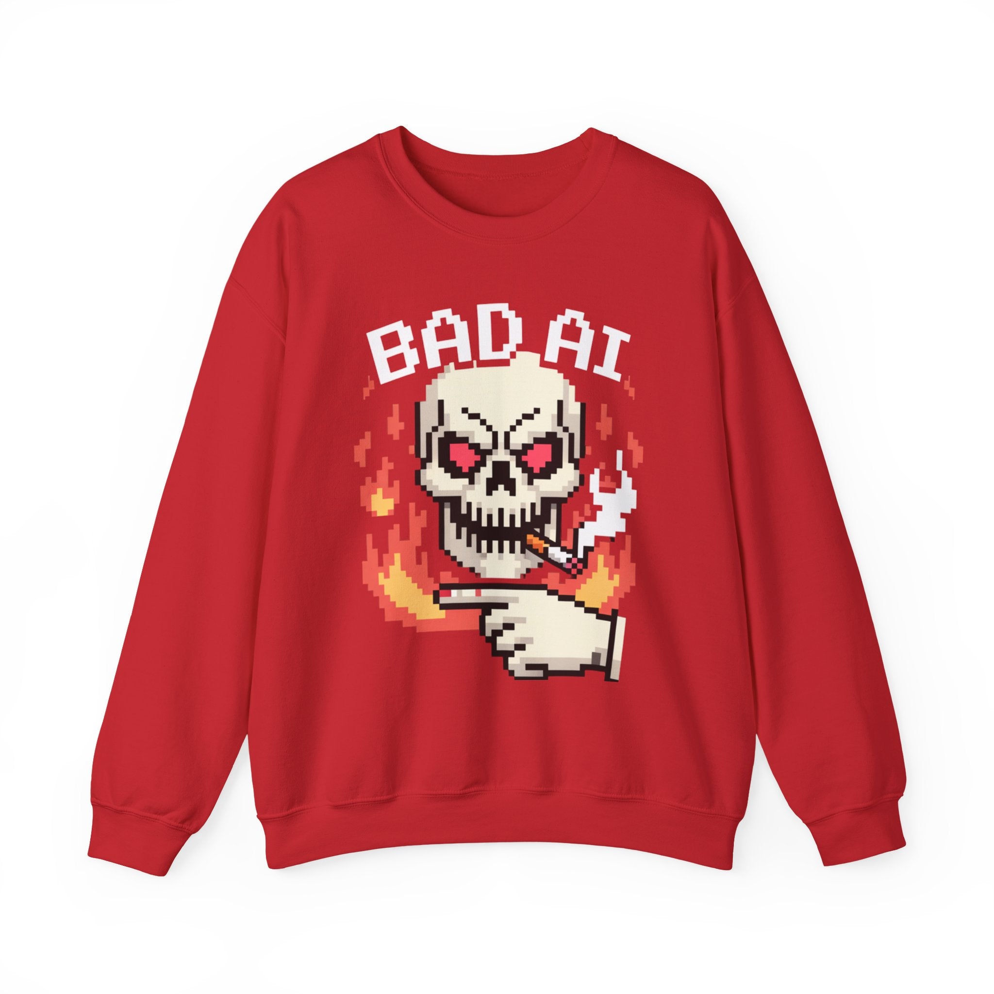 Bad AI Skull on Fire "CYBER BONE COMMAND" Pixel Art Sweatshirt