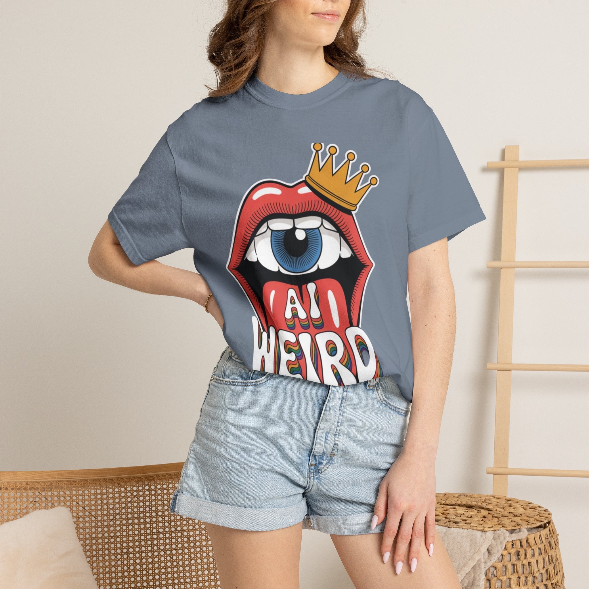 AI Weird Graphic T-Shirt — Crown Quirky Eye & "RETRO CROWNED MOUTH"