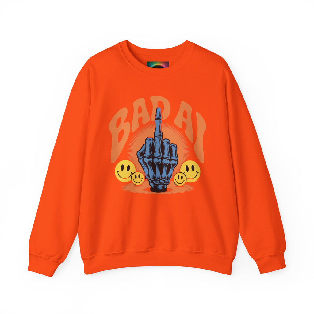 Bad AI Graphic Sweatshirt — Middle Finger Skeleton Hand with Smiley Faces