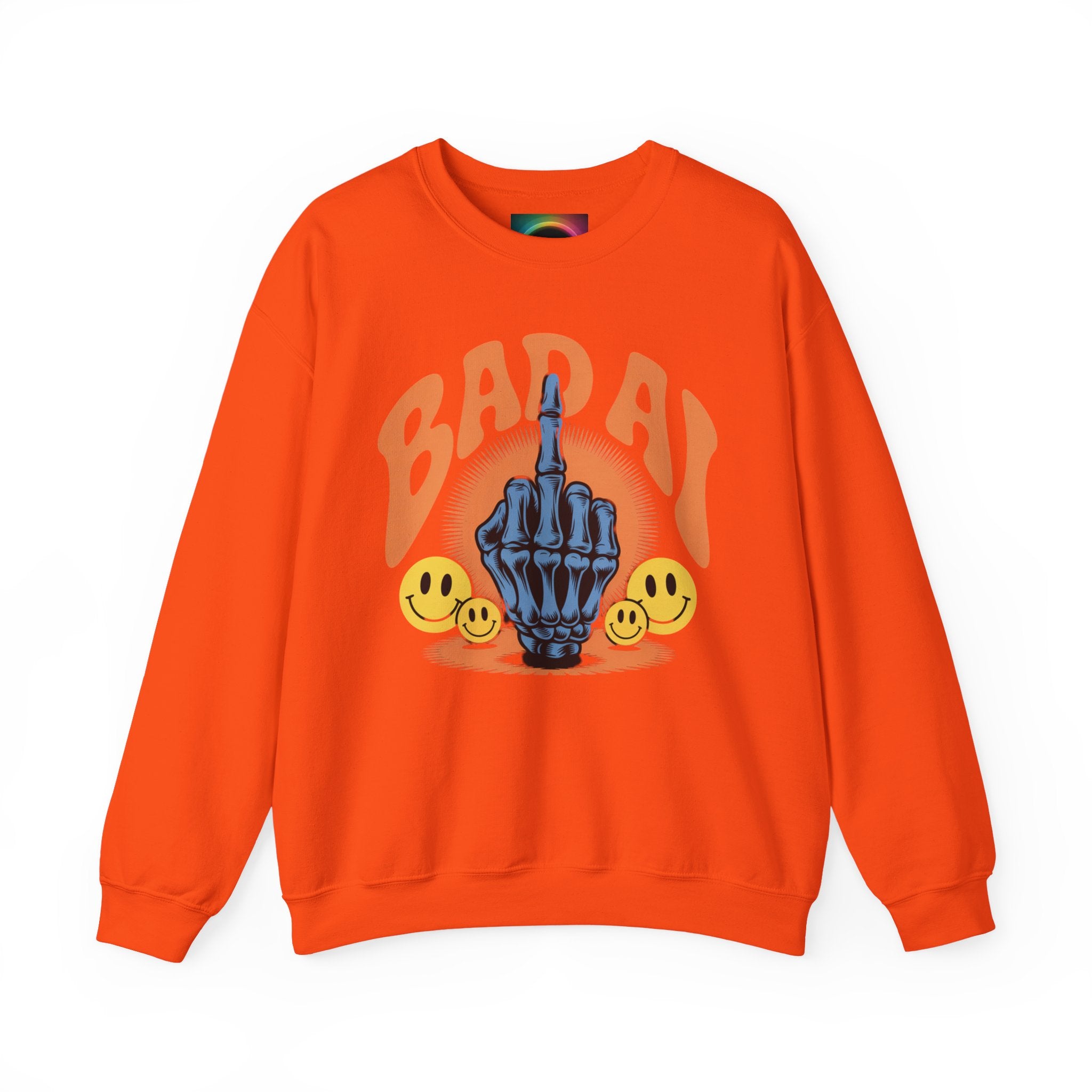 Bad AI Graphic Sweatshirt — Middle Finger Skeleton Hand with Smiley Faces