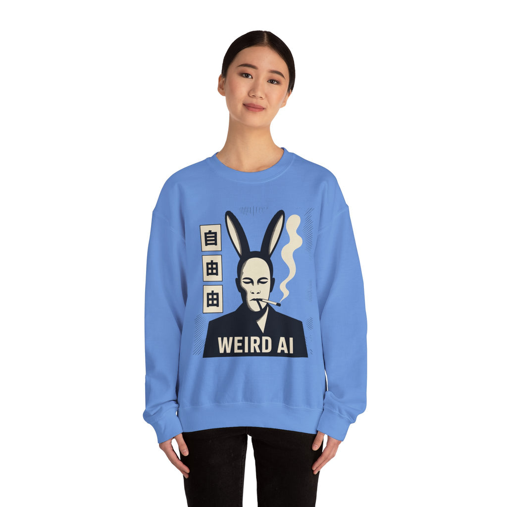 Weird AI Tee "CYBER RABBIT NOIR" Retro Bunny-Masked AI Graphic Crewneck Sweatshirt