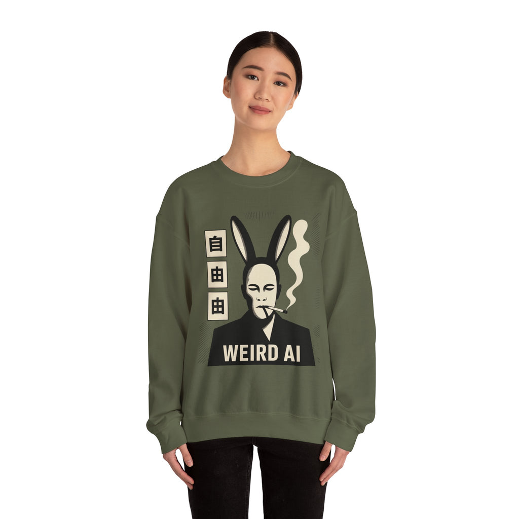 Weird AI Tee "CYBER RABBIT NOIR" Retro Bunny-Masked AI Graphic Crewneck Sweatshirt