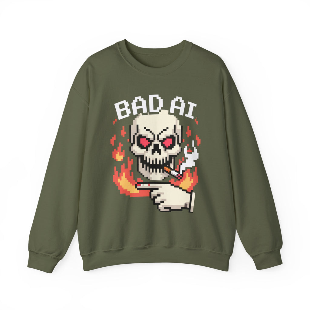 Bad AI Skull on Fire "CYBER BONE COMMAND" Pixel Art Sweatshirt