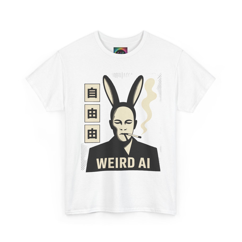 Weird AI Tee "CYBER RABBIT NOIR" Retro Bunny-Masked AI Graphic T-Shirt